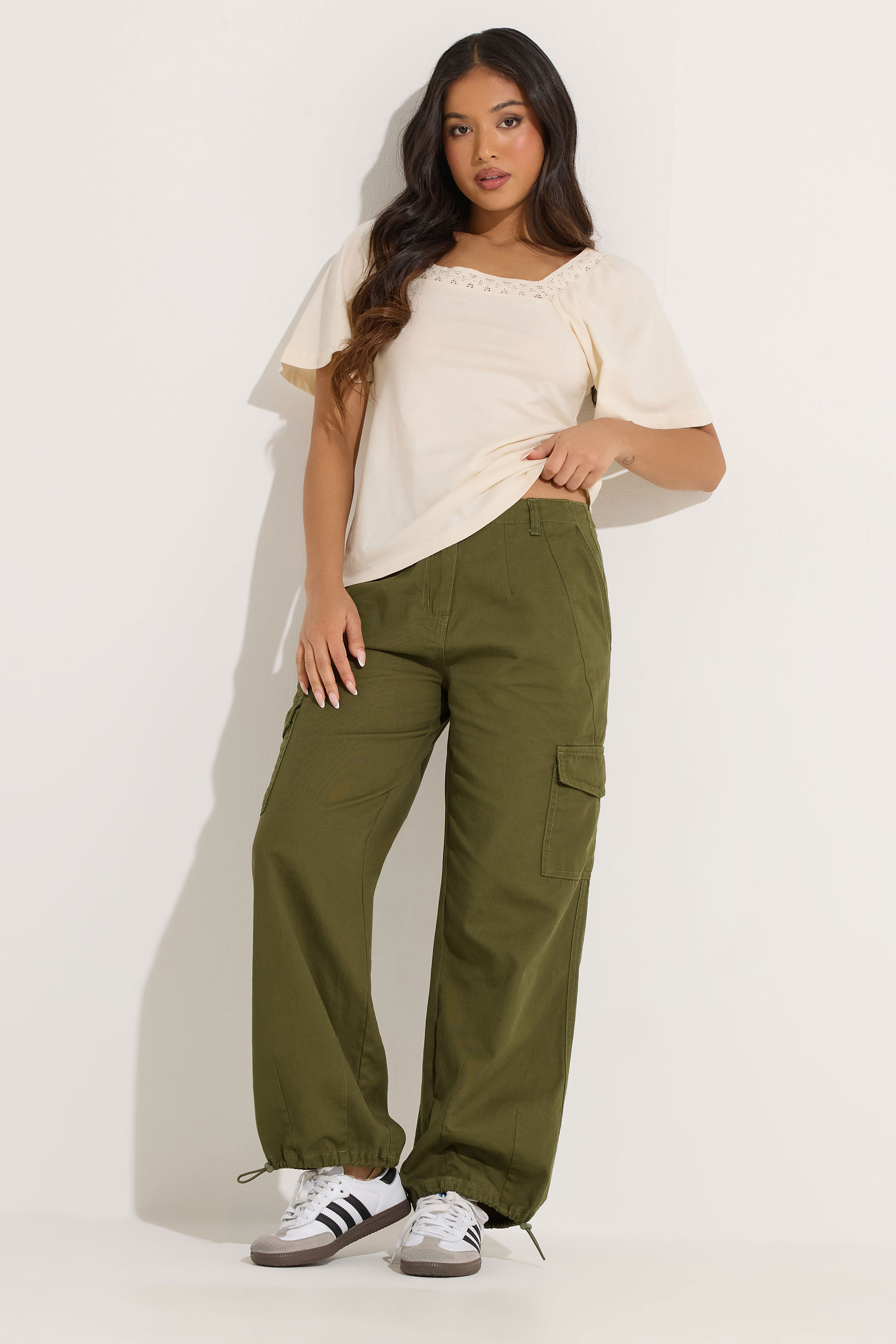 PixieGirl Petite Women's Khaki Green Cuffed Cotton Cargo Trousers | PixieGirl 3