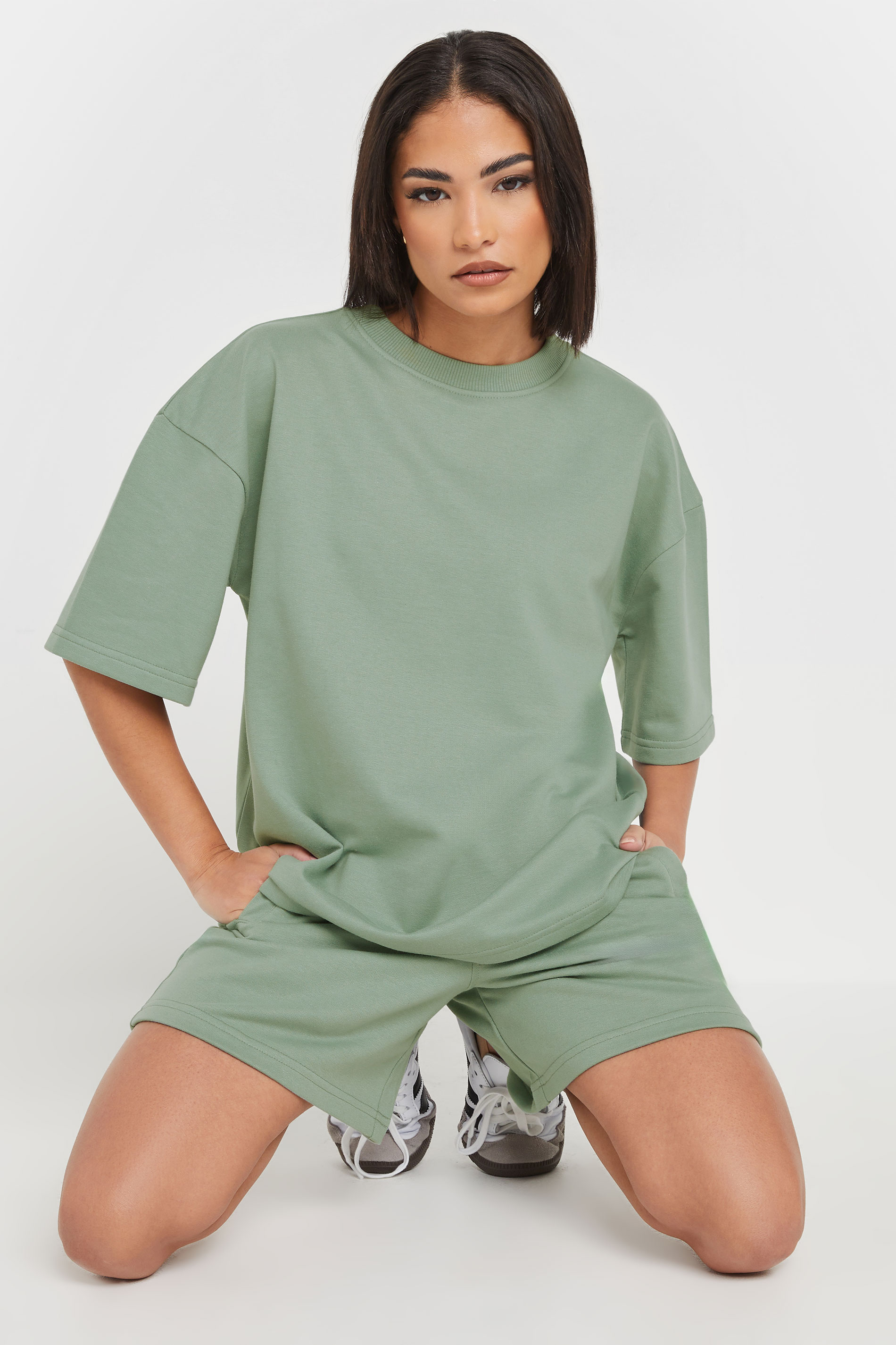 PixieGirl Petite Women's Sage Green Sweat Jersey T-Shirt & Shorts Set | PixieGirl 4