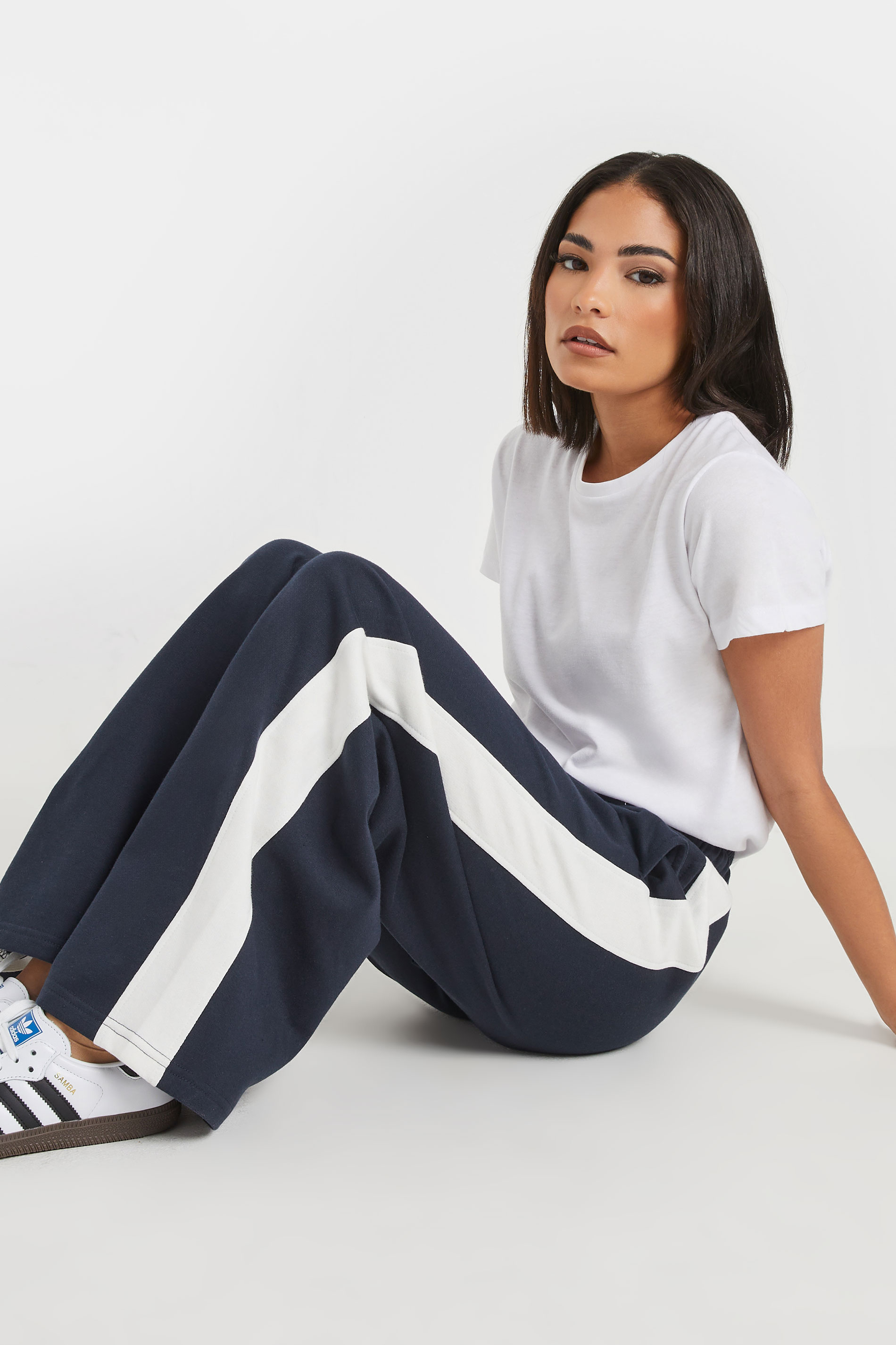 PixieGirl Petite Women's Navy Blue Side Striped Wide Leg Jogger | PixieGirl 5