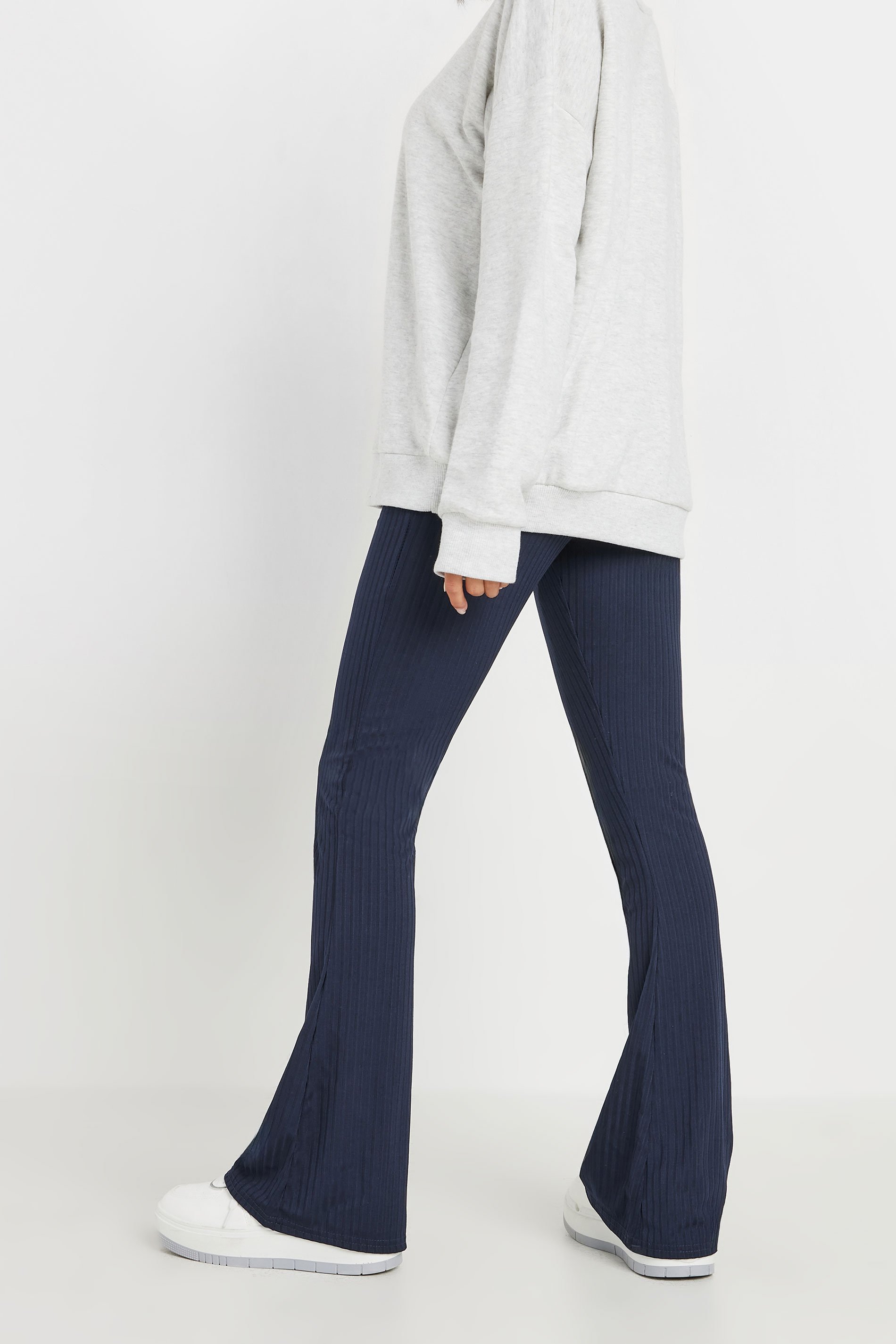 PixieGirl Petite Women's Navy Blue Ribbed Flared Trousers | PixieGirl 3