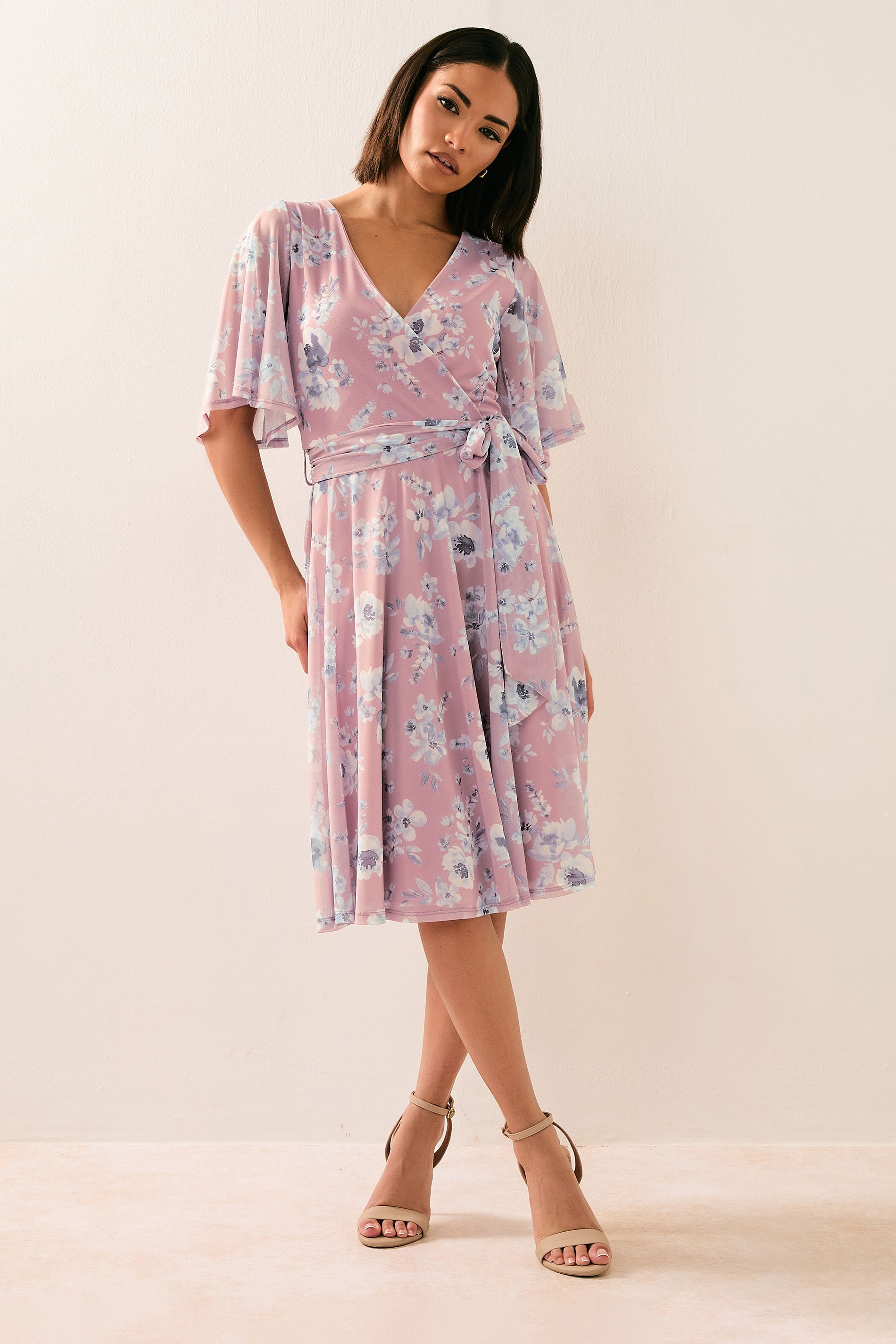 PixieGirl Petite Women's Blush Pink Mesh Floral Wrap Midi Dress | PixieGirl 1