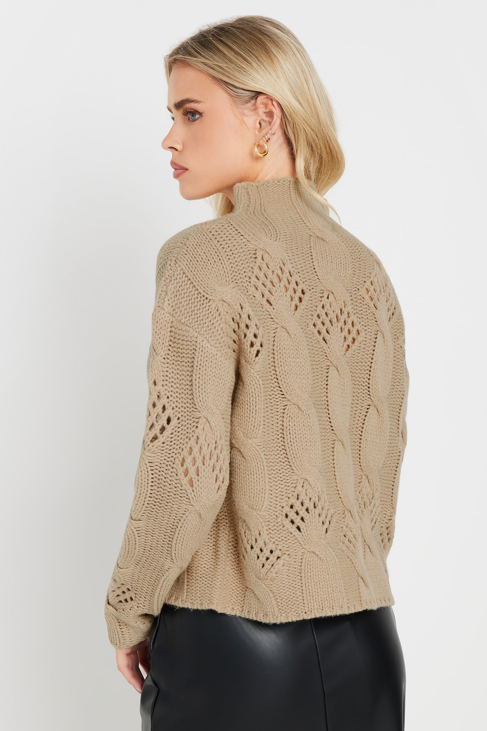 PixieGirl Petite Women's Beige Brown Cable Knit High Neck Jumper | PixieGirl 3