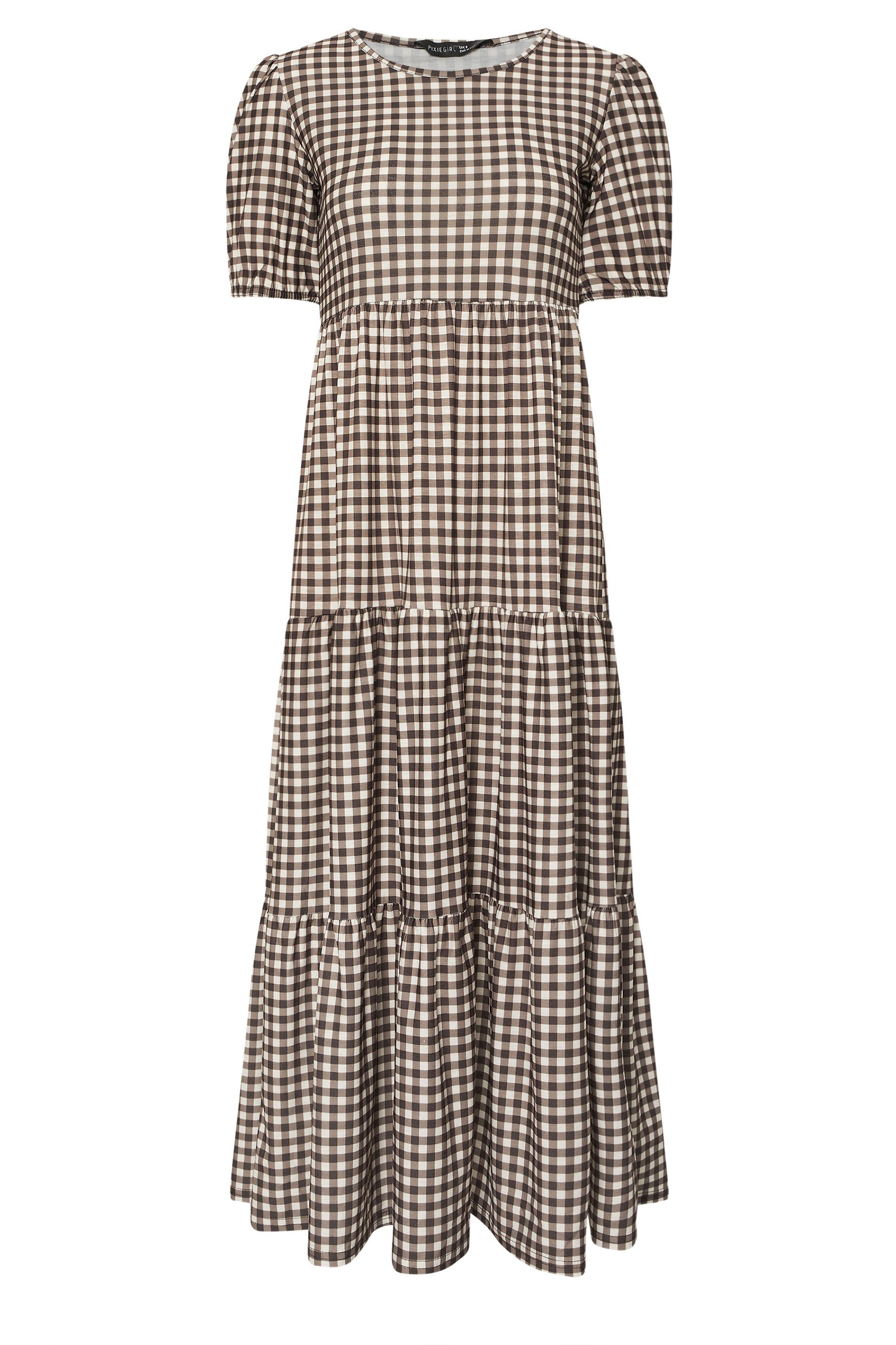 PixieGirl Petite Women's Brown Gingham Tiered Maxi Dress | PixieGirl 5