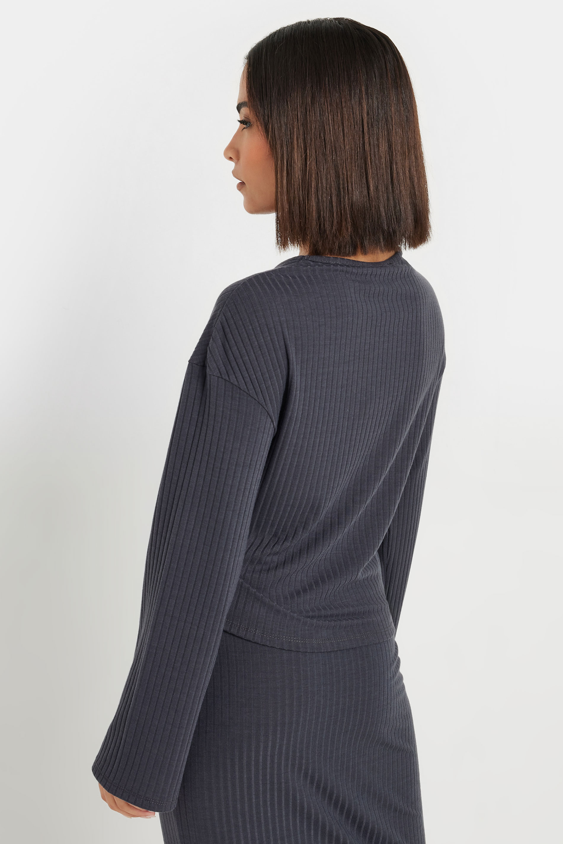 PixieGirl Petite Women's Grey Cross Over Long Sleeve Ribbed Top | PixieGirl 3