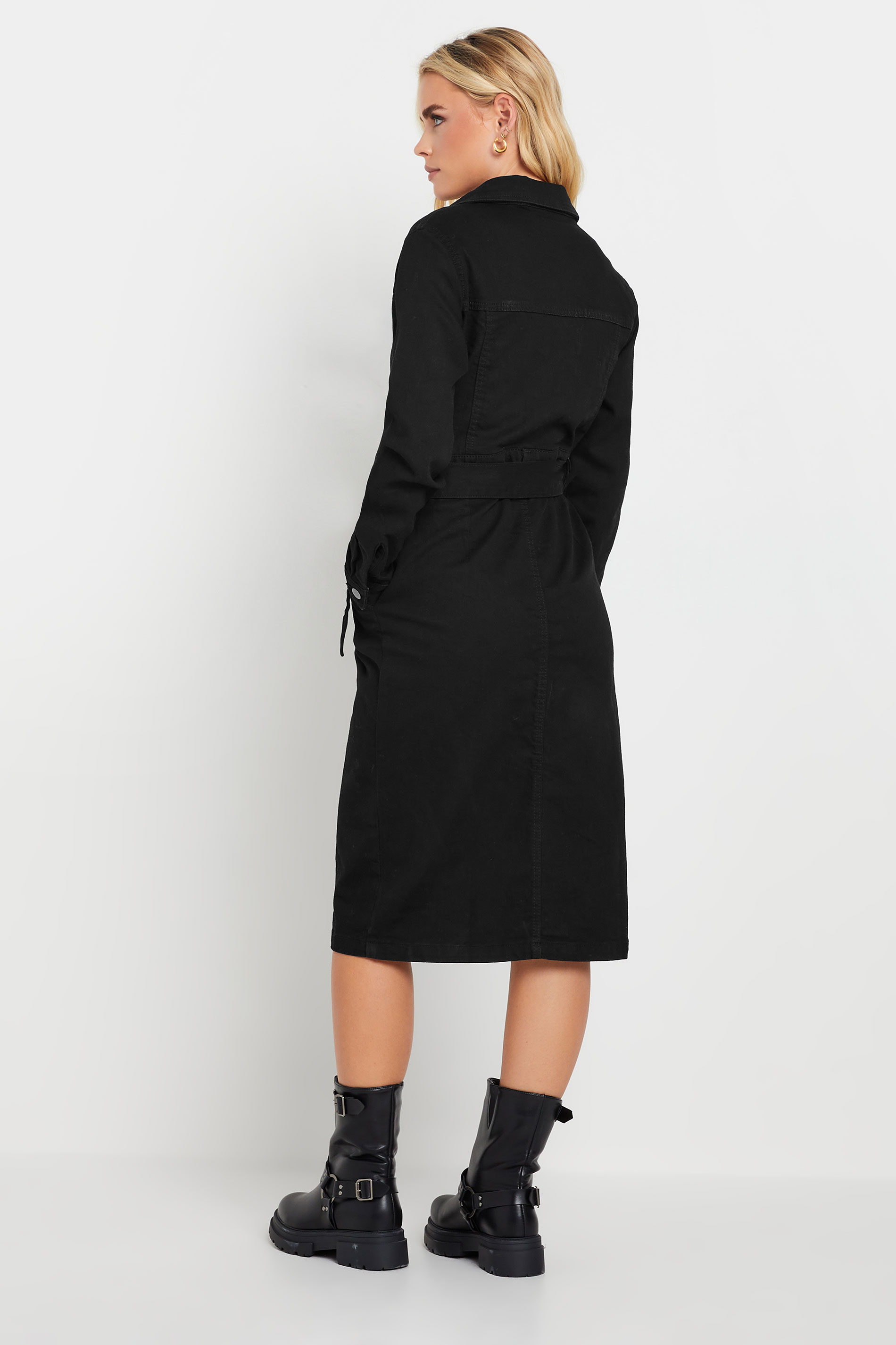 PixieGirl Petite Women's Black Denim Tie Waist Midi Dress | PixieGirl 3