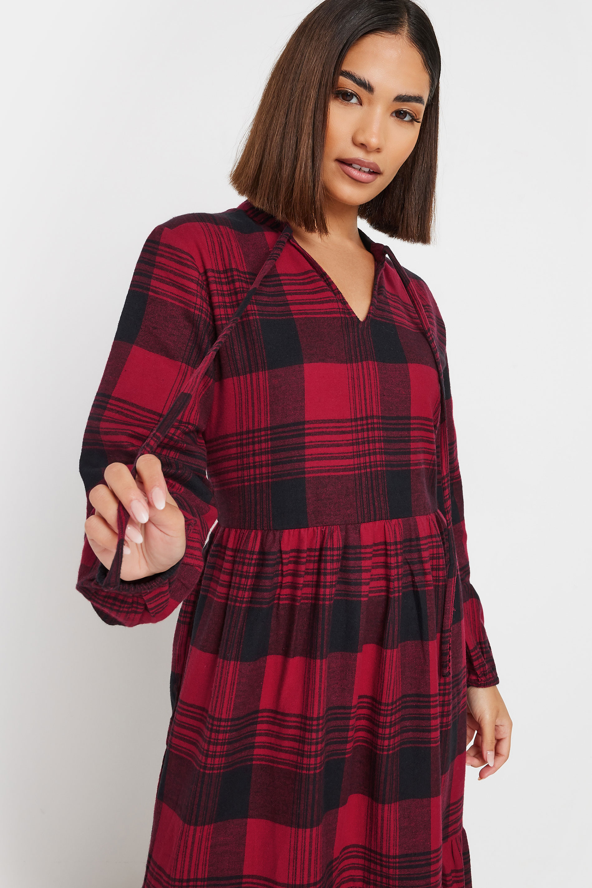 PixieGirl Petite Women's Burgundy Red Check Tiered Midaxi Dress | PixieGirl 4