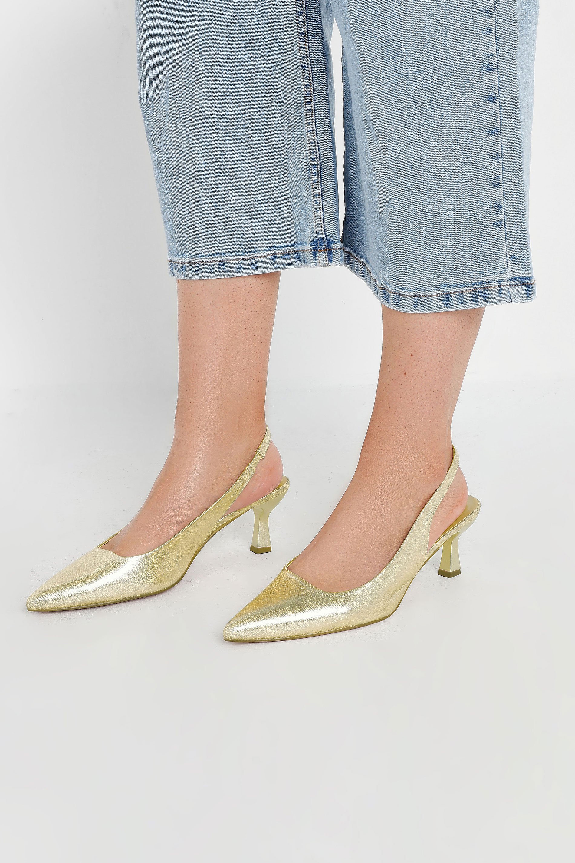 Gold Slingback Kitten Heel Court Shoes In Extra Wide EEE Fit | Yours Clothing 1