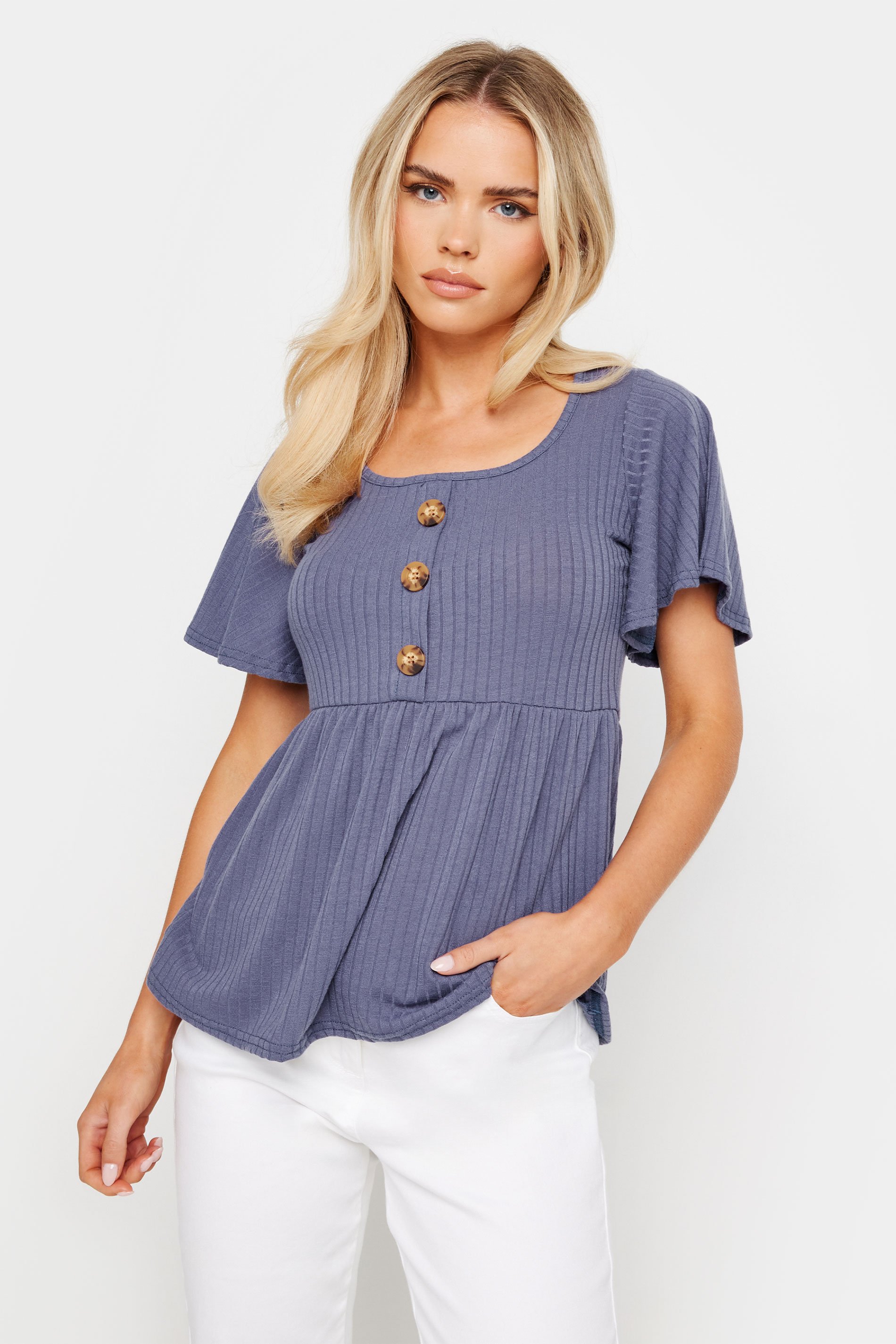 PixieGirl Petite Womens Blue Ribbed Button Detail Smock Top | PixieGirl 1