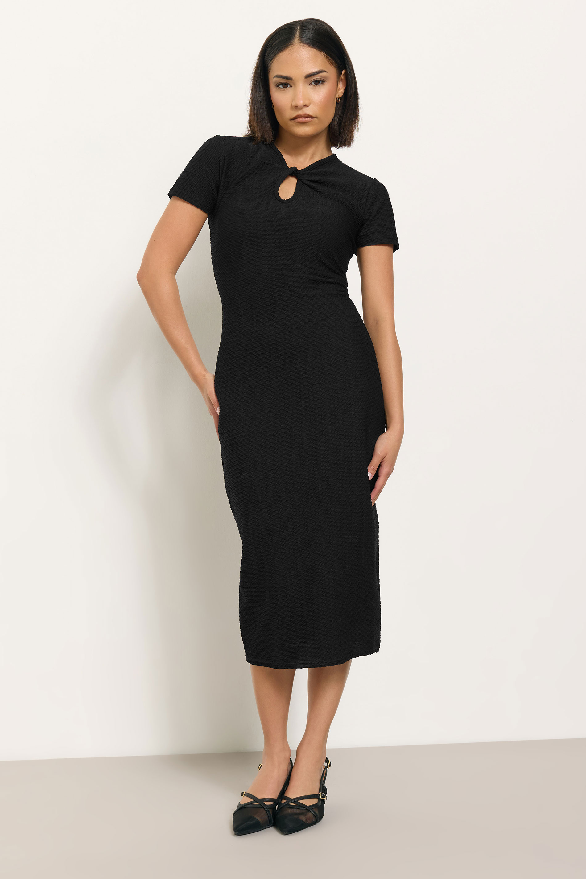 Petite Black Twist Neck Textured Midi Dress | PixieGirl 1