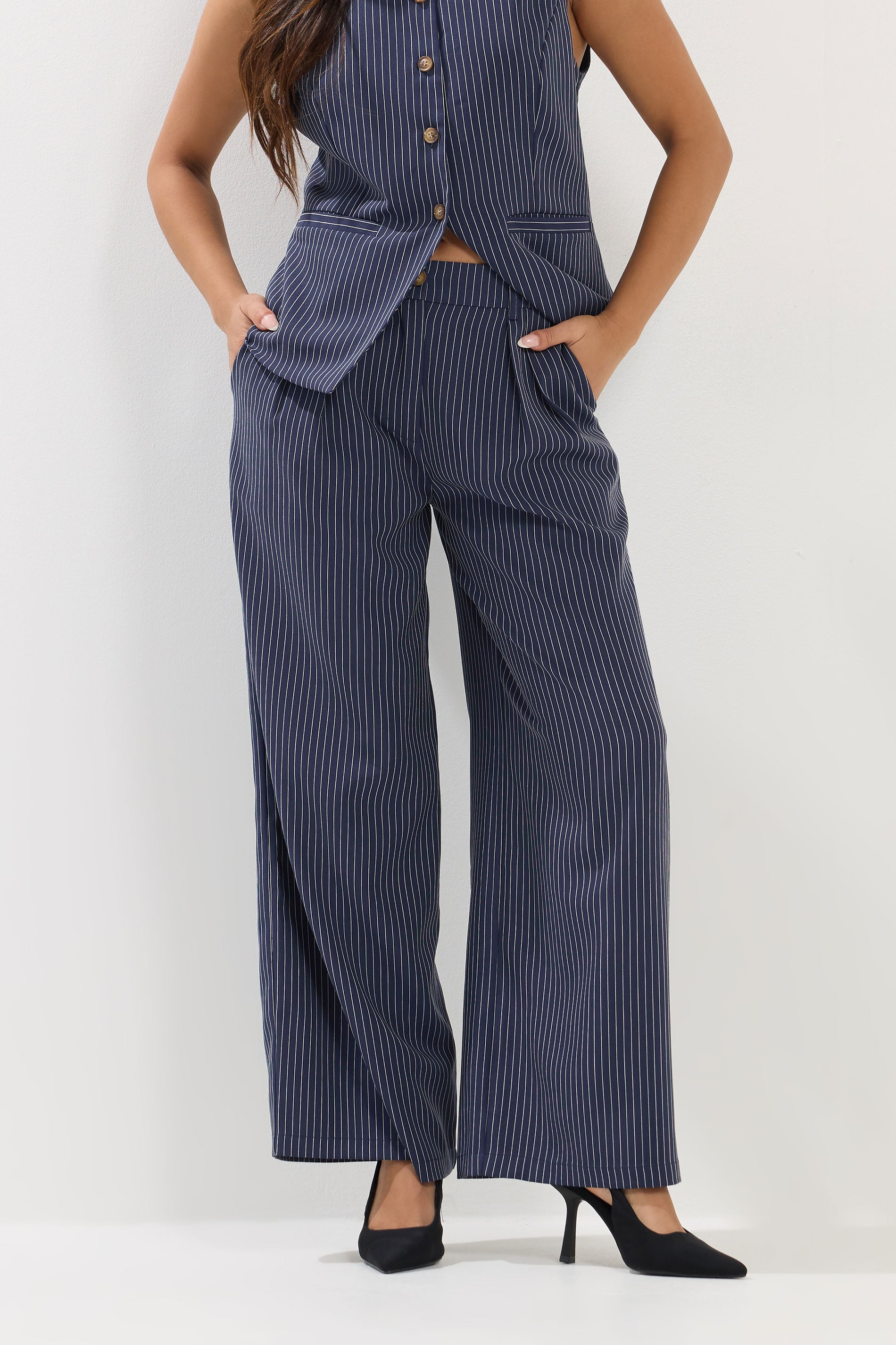 PixieGirl Petite Women's Navy Blue Pinstripe Wide Leg Trousers | PixieGirl 6
