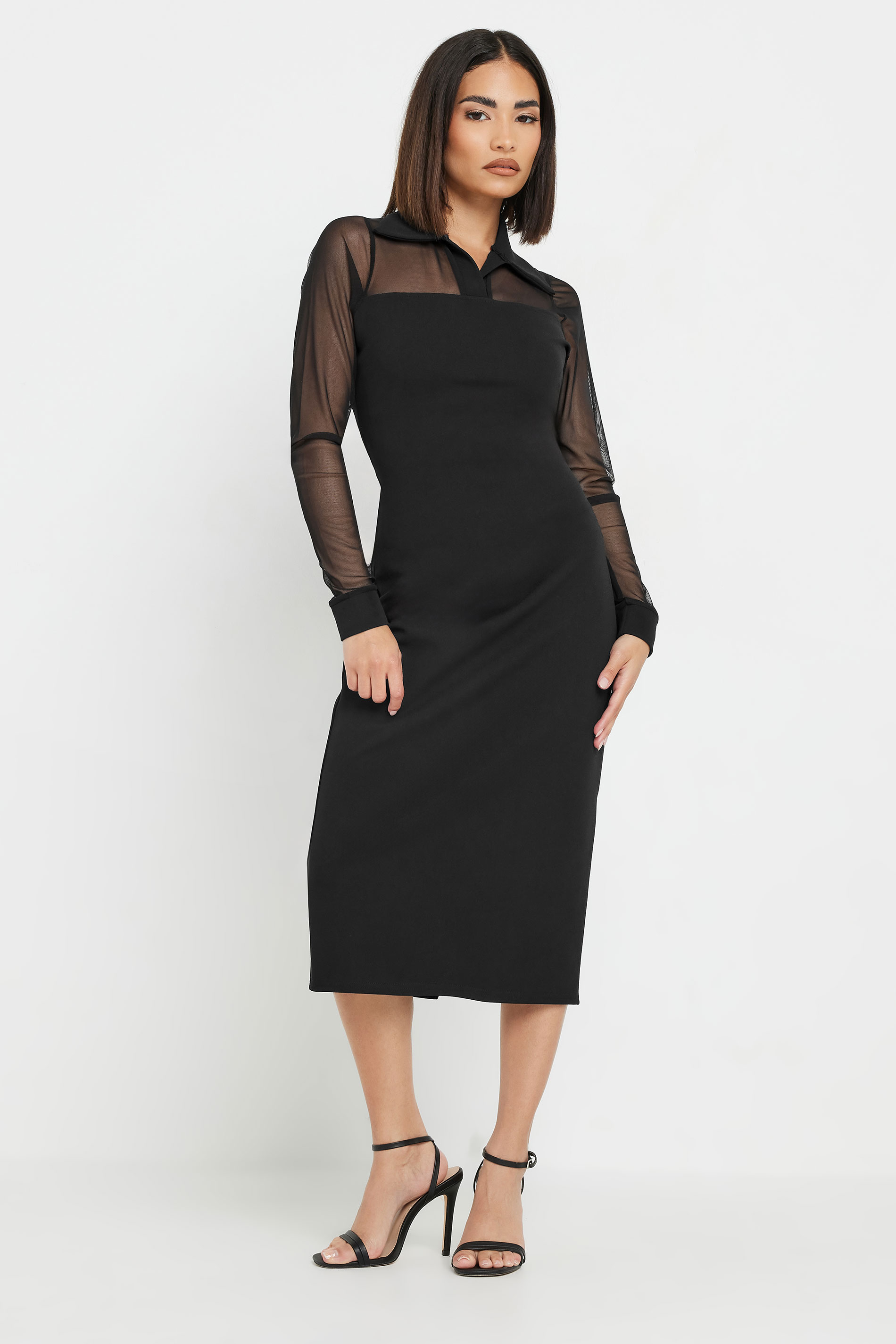 PixieGirl Petite Women's Black Mesh Collared Midi Dress | PixieGirl 1