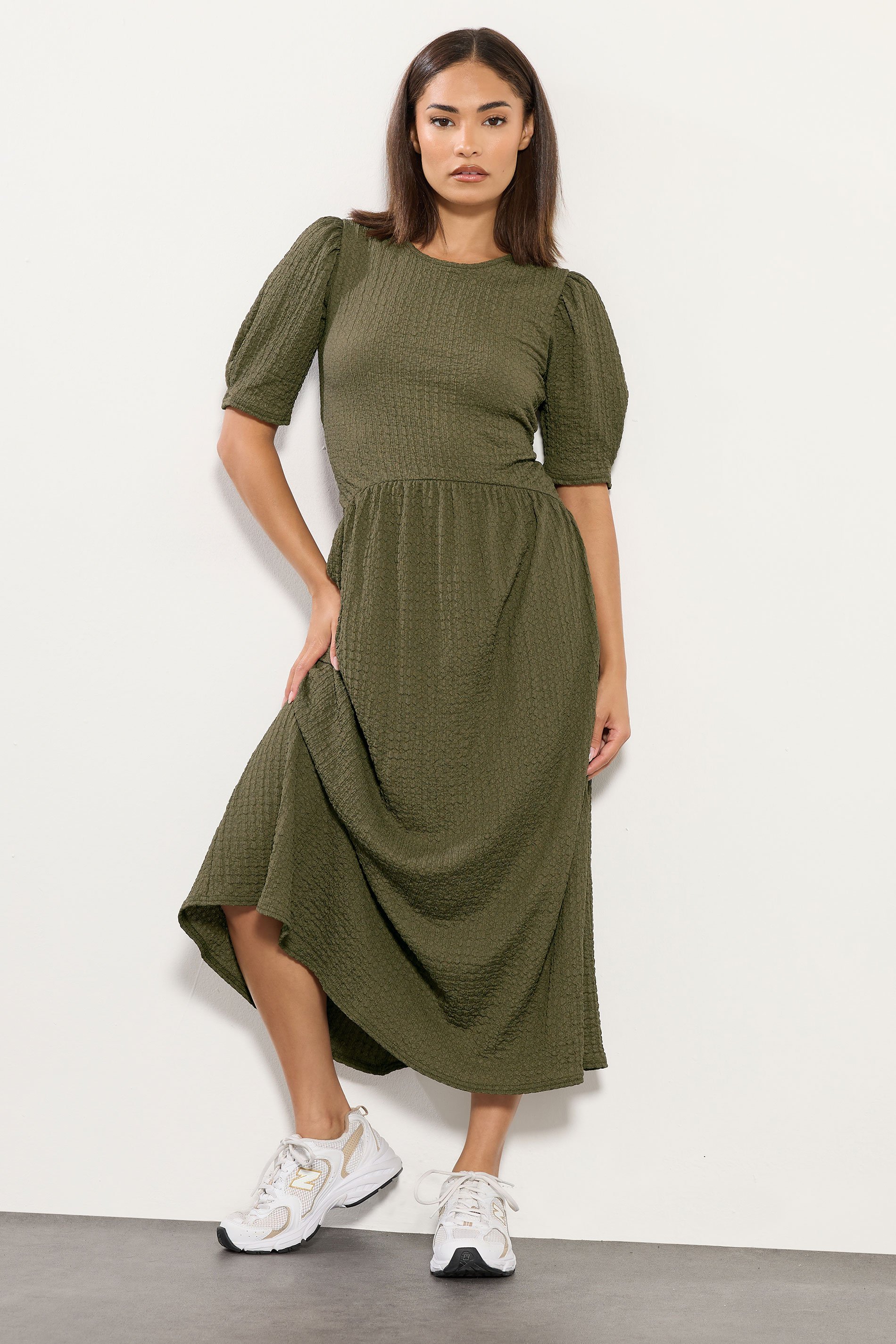PixieGirl Petite Womens Olive Green Textured Midi Dress | PixieGirl 1