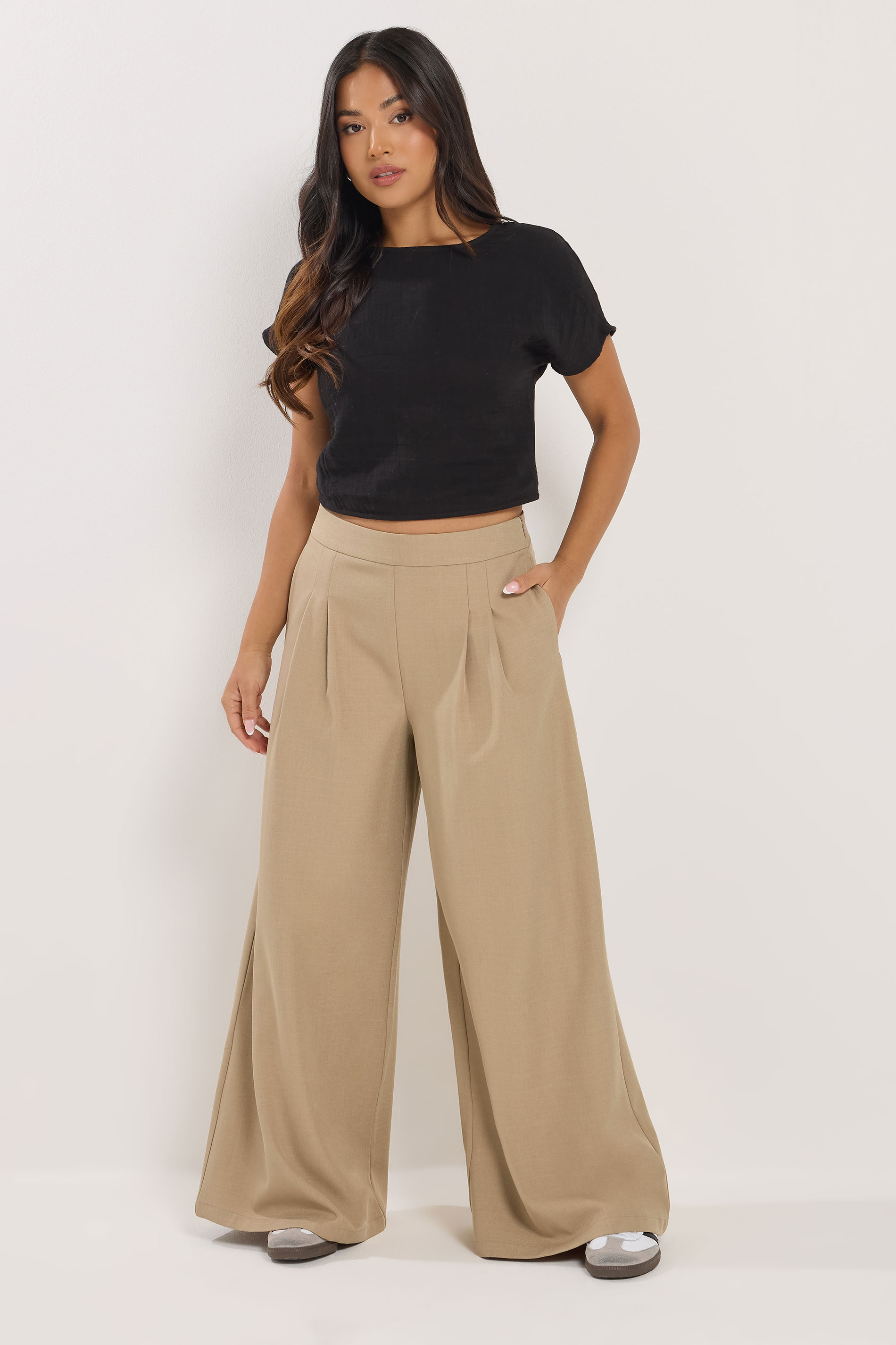 PixieGirl Petite Women's Natural Brown Pleat Front Palazzo Trousers | PixieGirl 1