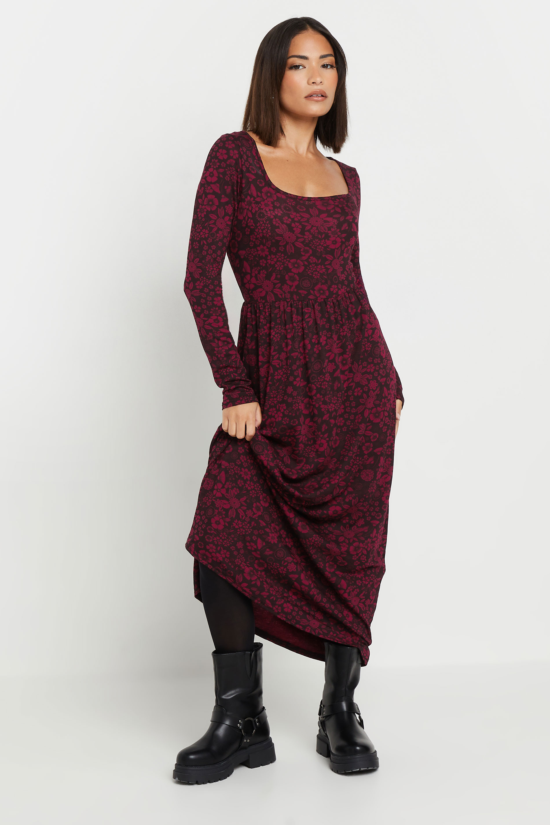 PixieGirl Petite Women's Burgundy Red Floral Print Midi Tea Dress | PixieGirl 2