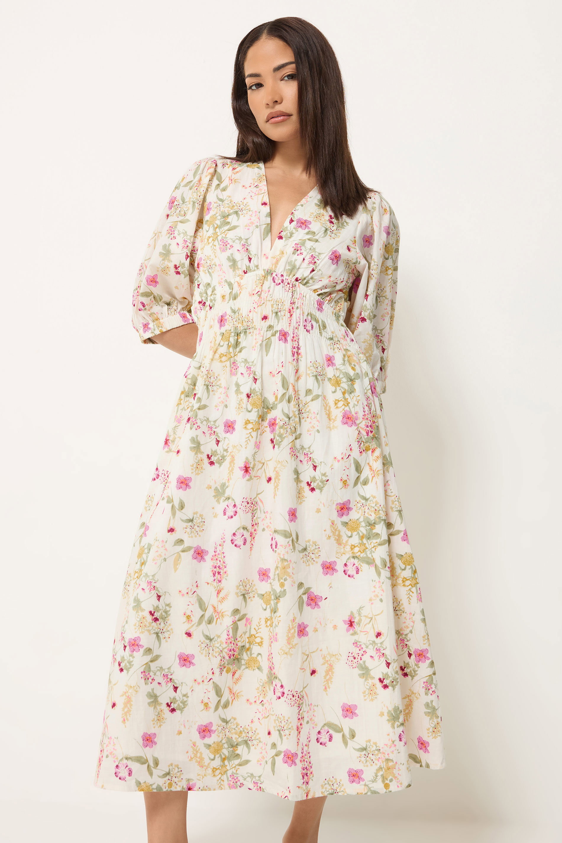 PixieGirl Petite Women's Pink Floral Midi Tea Dress | PixieGirl 3