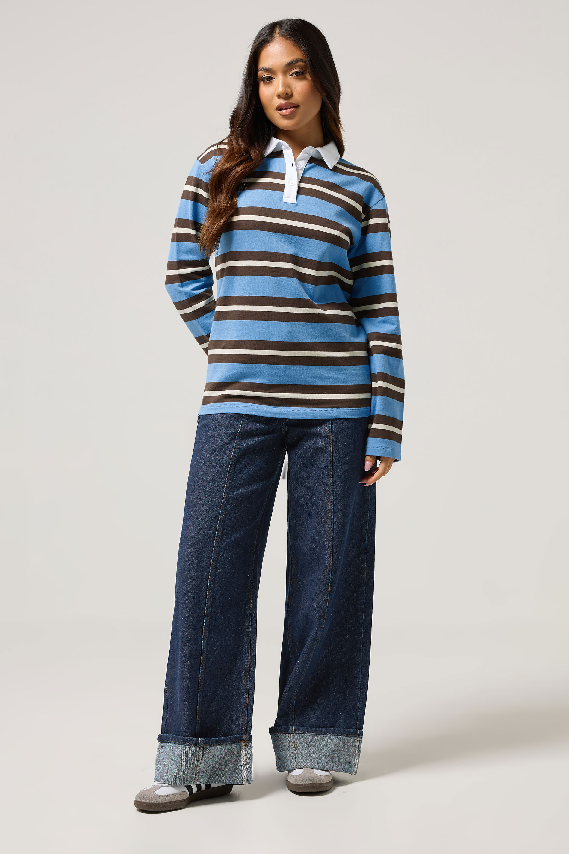 PixieGirl Petite Women's Brown & Blue Striped Rugby T-Shirt | PixieGirl 2