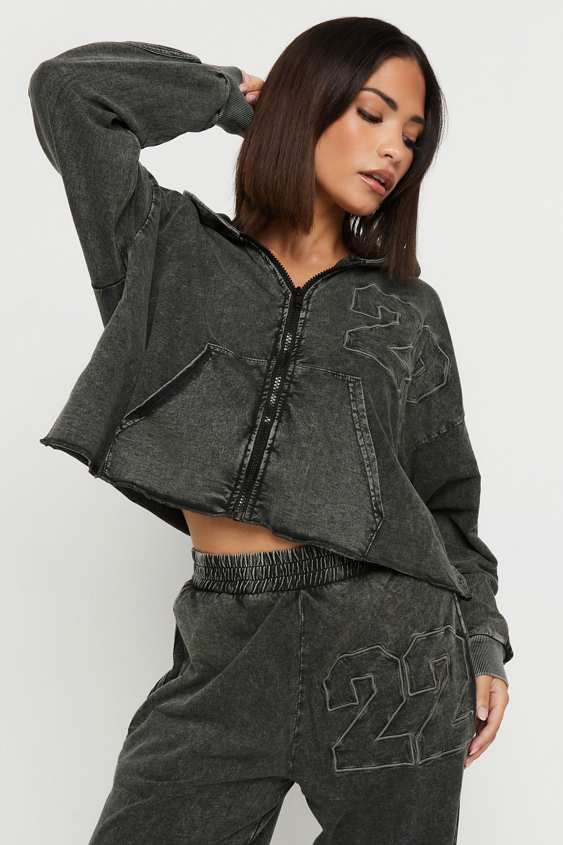 PixieGirl Petite Women's Grey Acid Wash Cropped Hoodie | PixieGirl 2