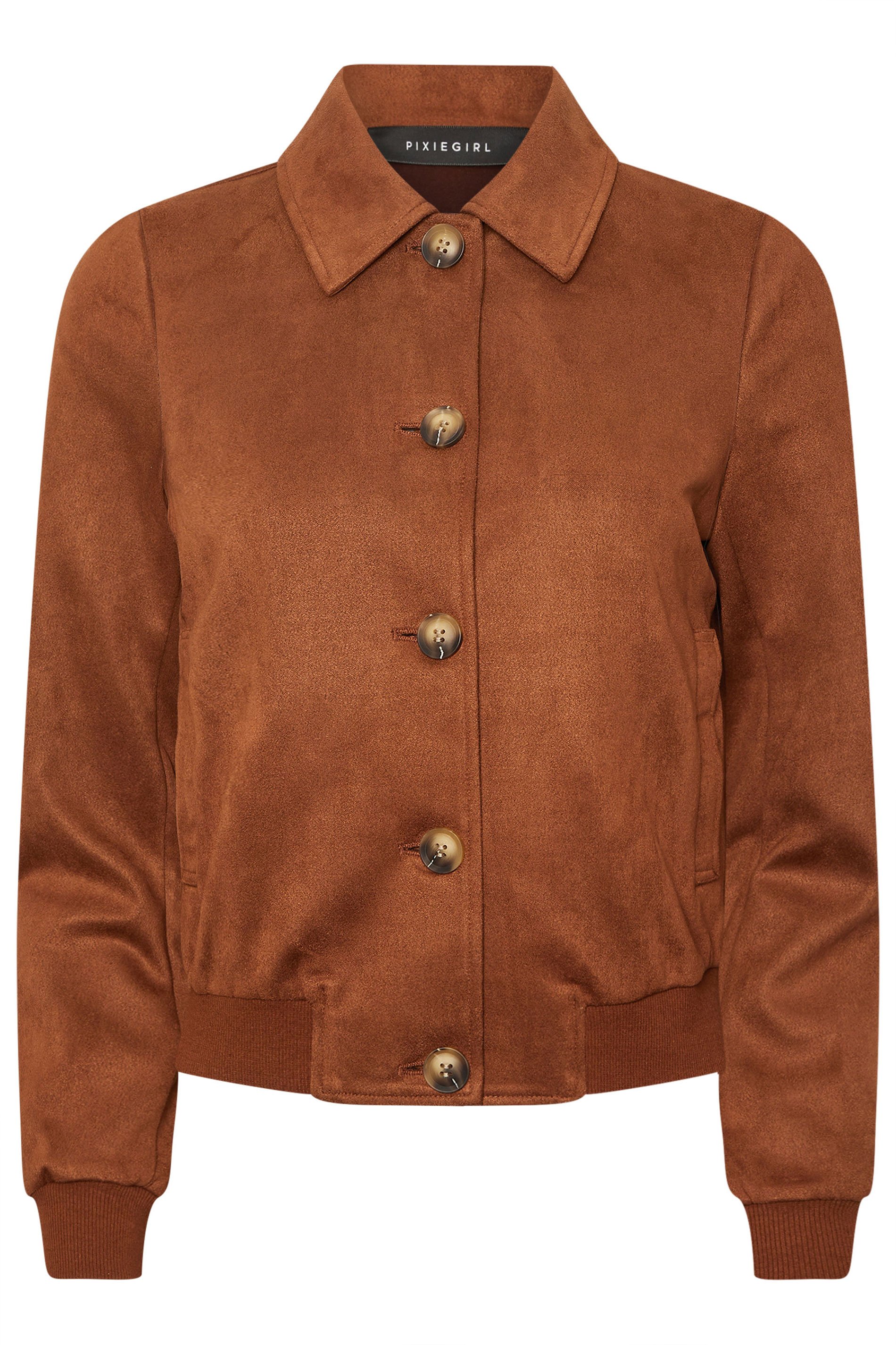 PixieGirl Petite Women's Tan Brown Suedette Collar Bomber Jacket | PixieGirl 7