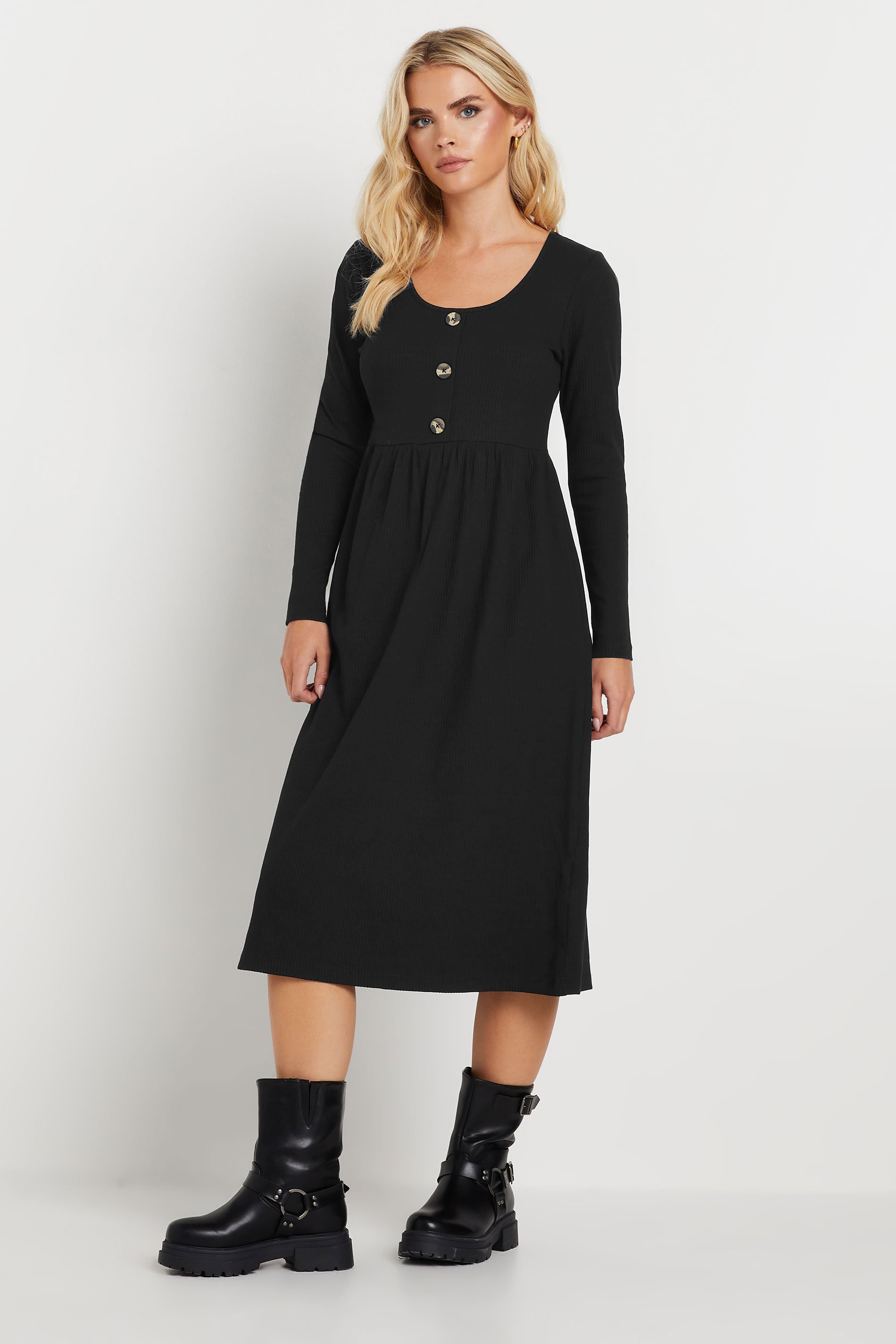 PixieGirl Petite Women's Black Ribbed Button Midaxi Dress | PixieGirl 4
