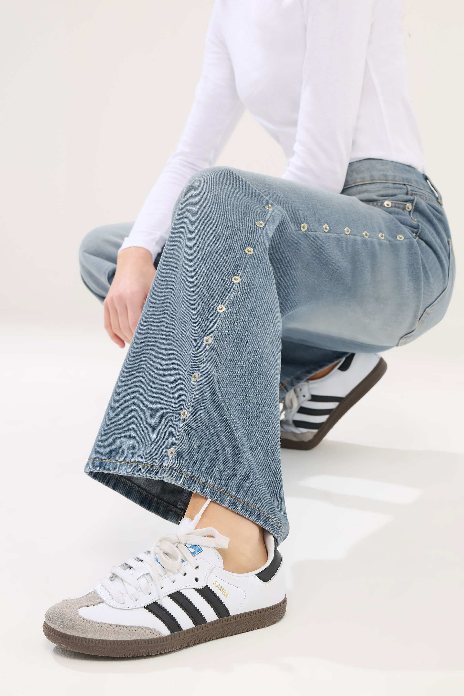 PixieGirl Petite Blue Rivet Non-Stretch Wide Leg Jeans | PixieGirl 4