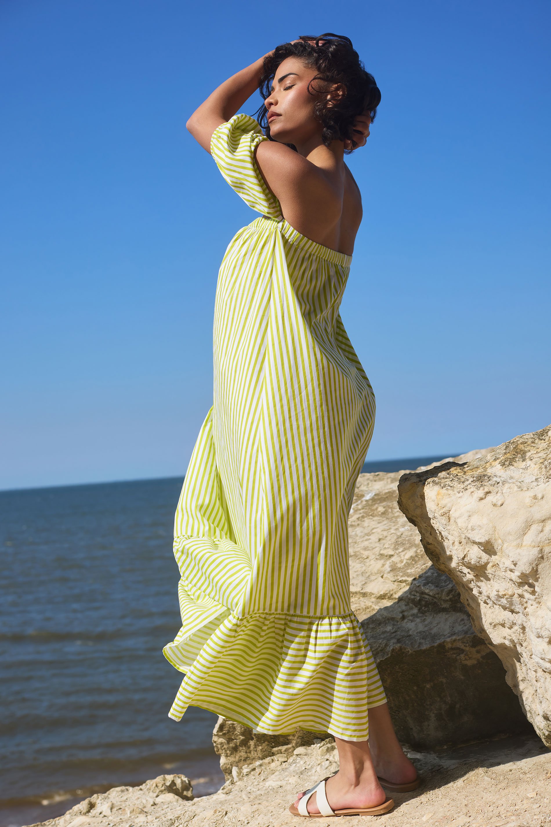PixieGirl Petite Women's Lime Green Stripe Bardot Midaxi Dress | PixieGirl 2