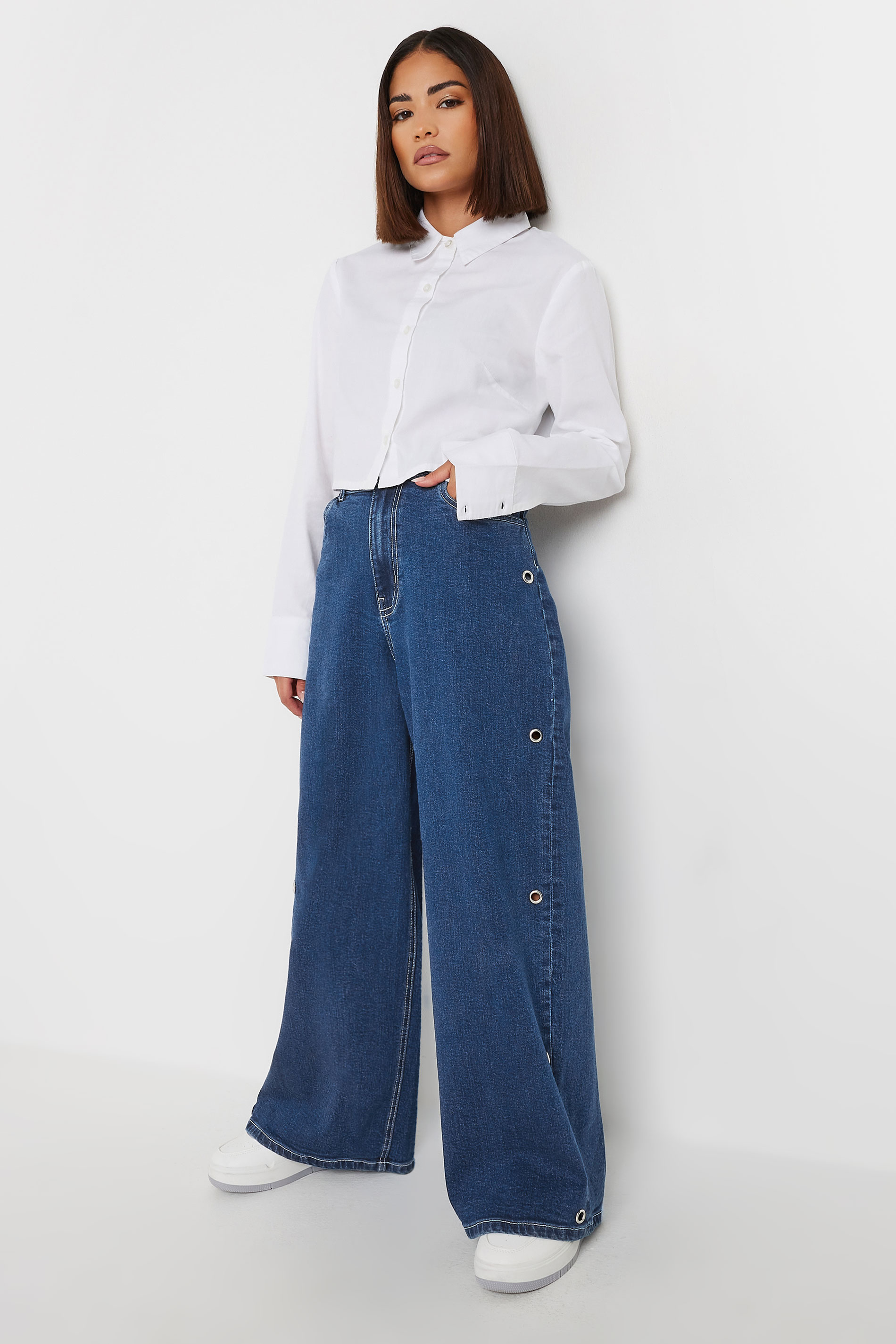 PixieGirl Petite Women's Blue Eyelet Detail Wide Leg Jeans | PixieGirl 1