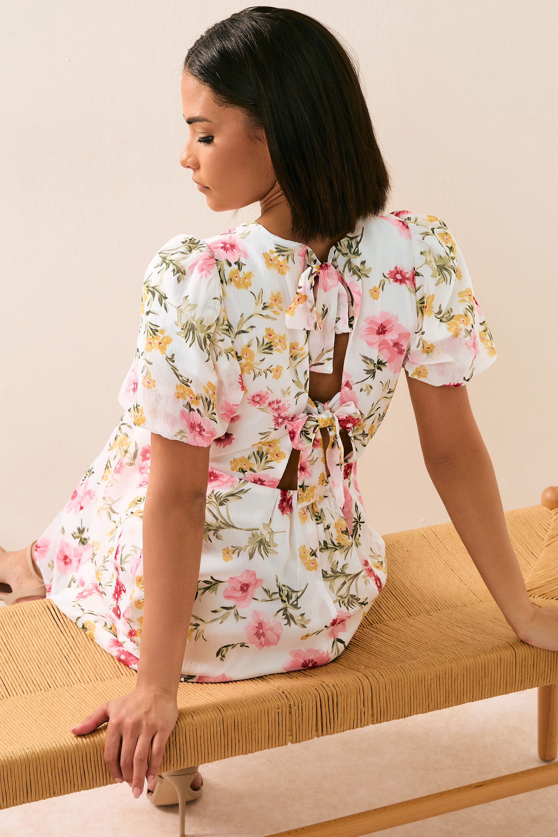 PixieGirl Petite Women's Pink Chiffon Floral Tie Back Midi Dress | PixieGirl 3