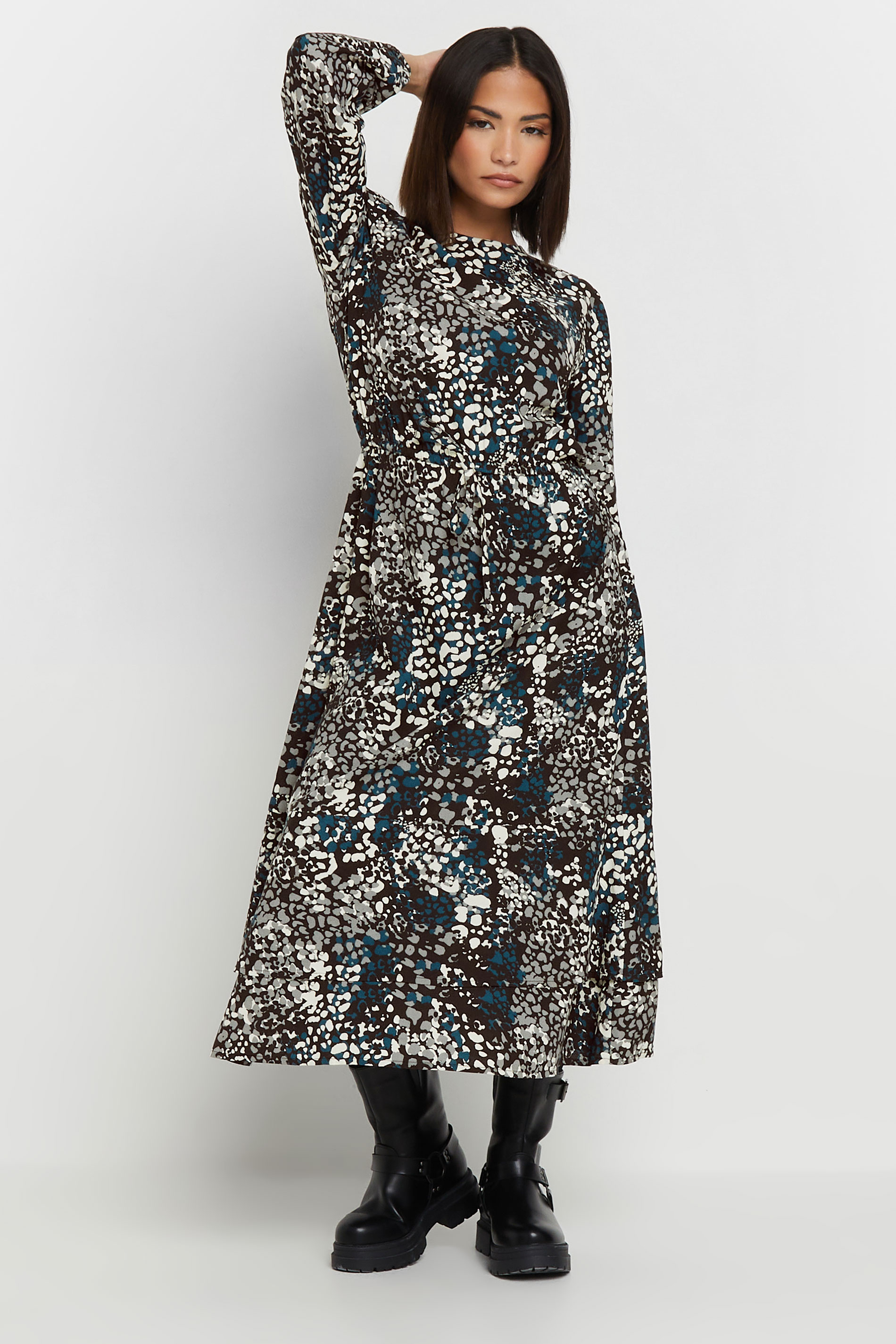 PixieGirl Petite Women's Blue Woven Abstract Tie Waist Midaxi Dress | PixieGirl 1