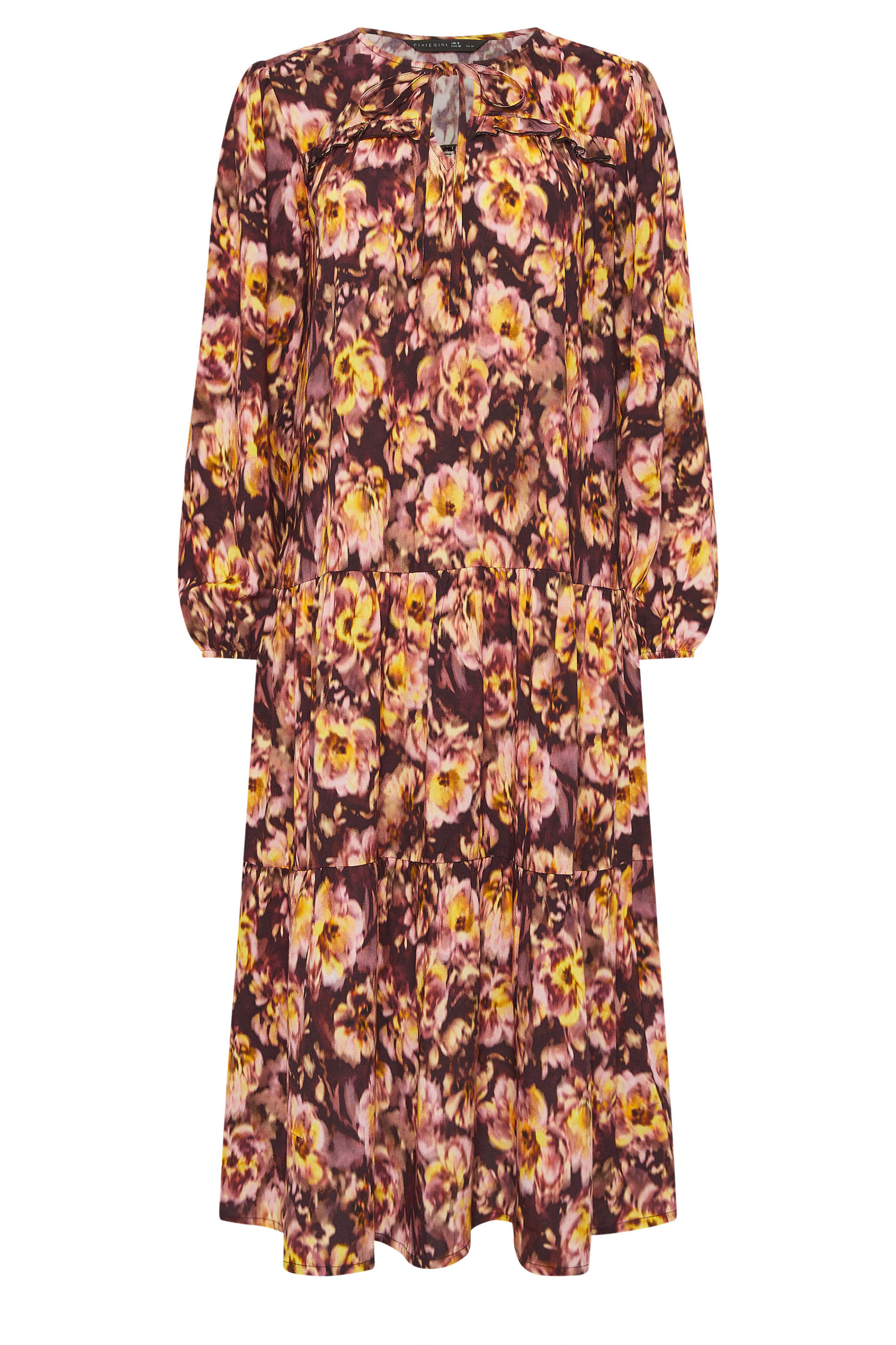 PixieGirl Petite Womens Brown Blurred Floral Ruffle Dress | PixieGirl 1