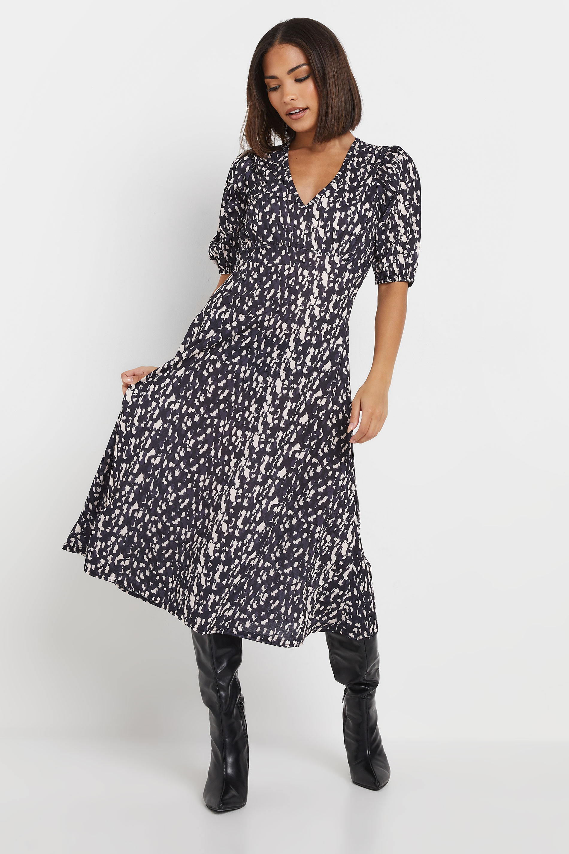 PixieGirl Petite Womens Black Abstract Spot Print Midi Tea Dress | PixieGirl 1