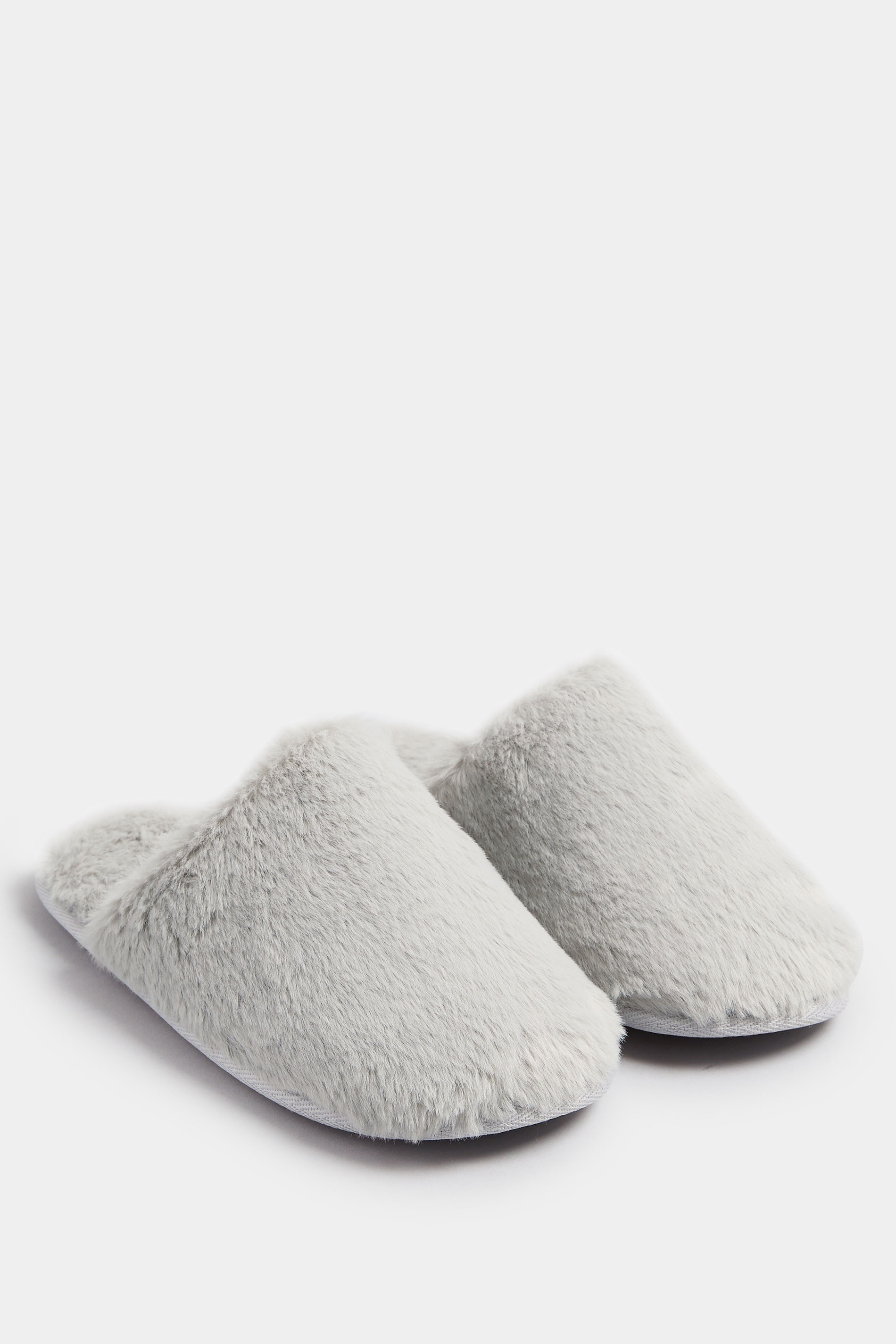 Grey Plush Faux Fur Mule Slippers | Yours Clothing 2
