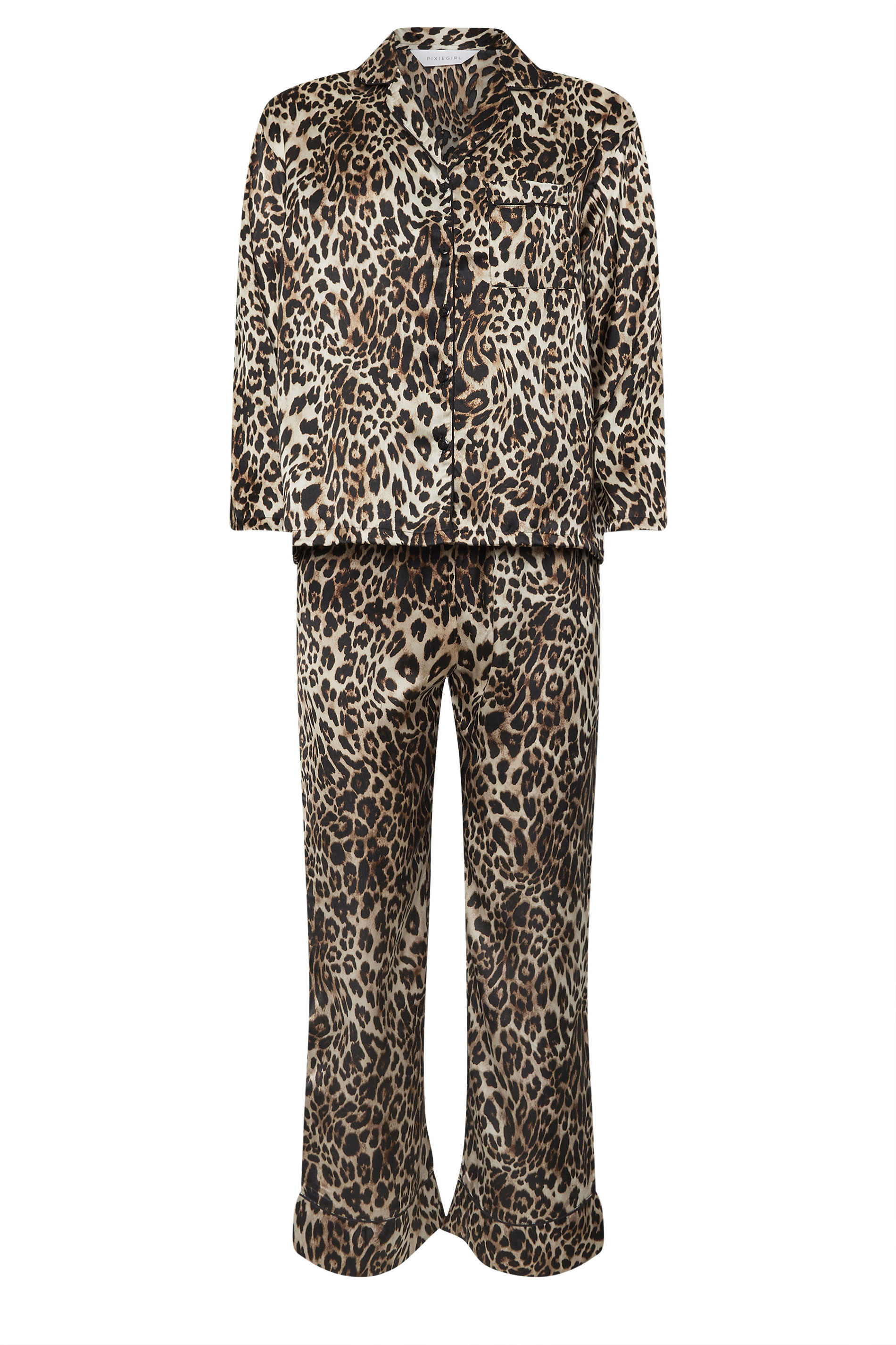 PixieGirl Petite Women's Brown Leopard Print Satin Pyjama Set | PixieGirl 6