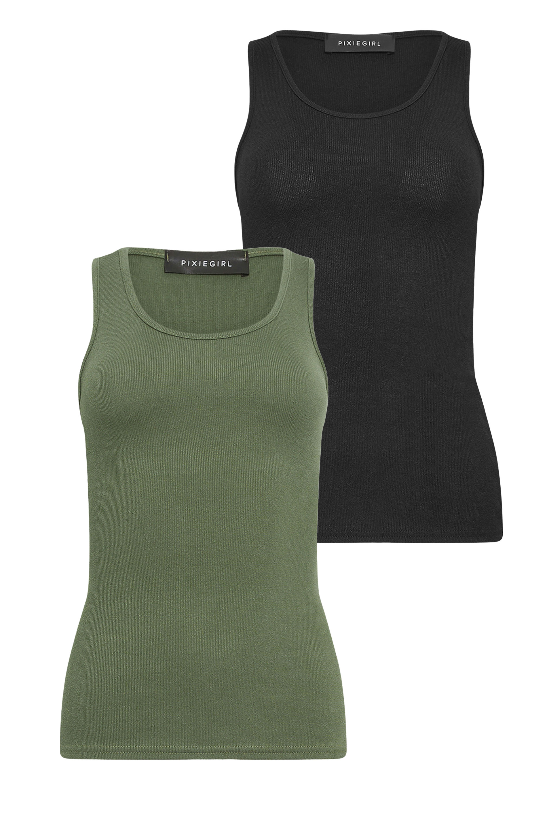 PixieGirl Petite Women's 2 PACK Khaki Green & Black Ribbed Racer Back Vest Tops | PixieGirl 7