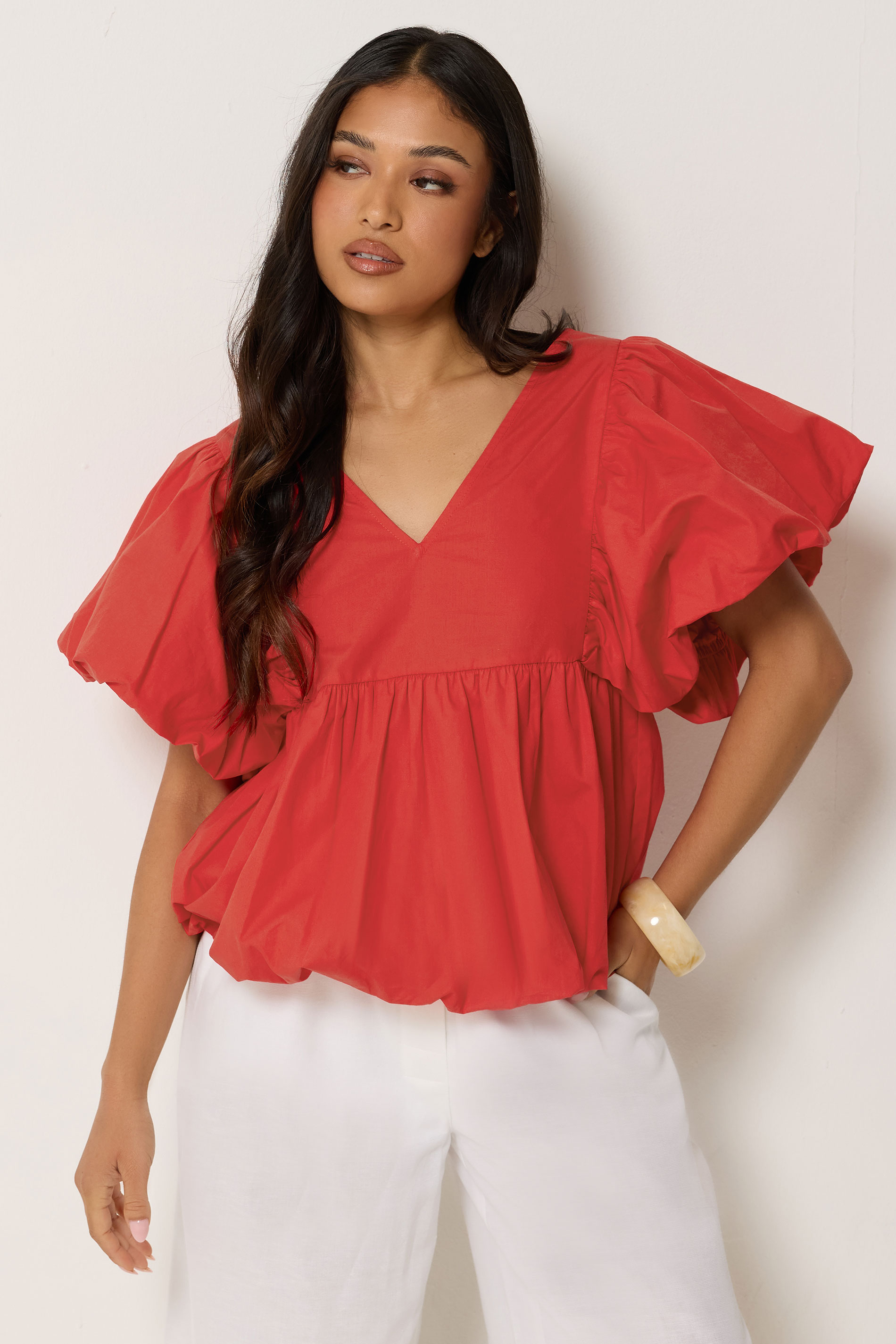 PixieGirl Petite Women's Red Cotton Puff Sleeve Top | PixieGirl 3