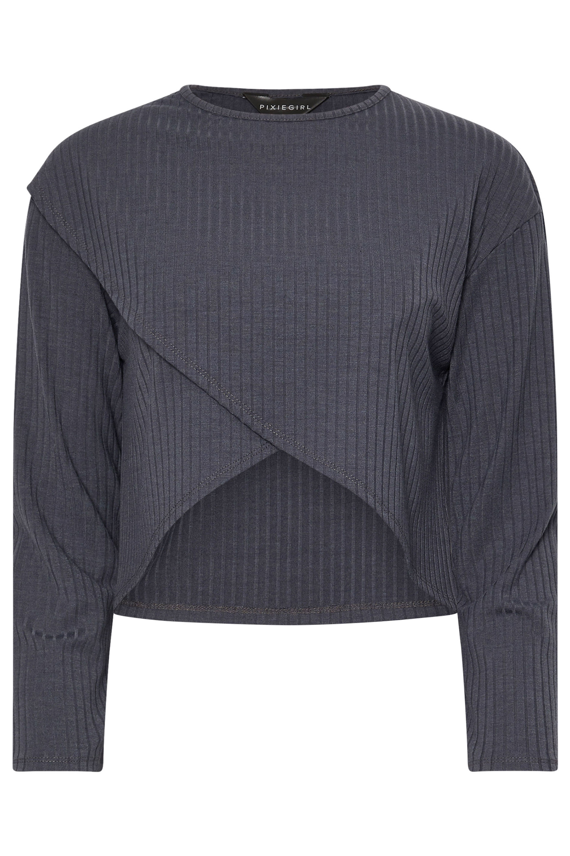 PixieGirl Petite Women's Grey Cross Over Long Sleeve Ribbed Top | PixieGirl 5