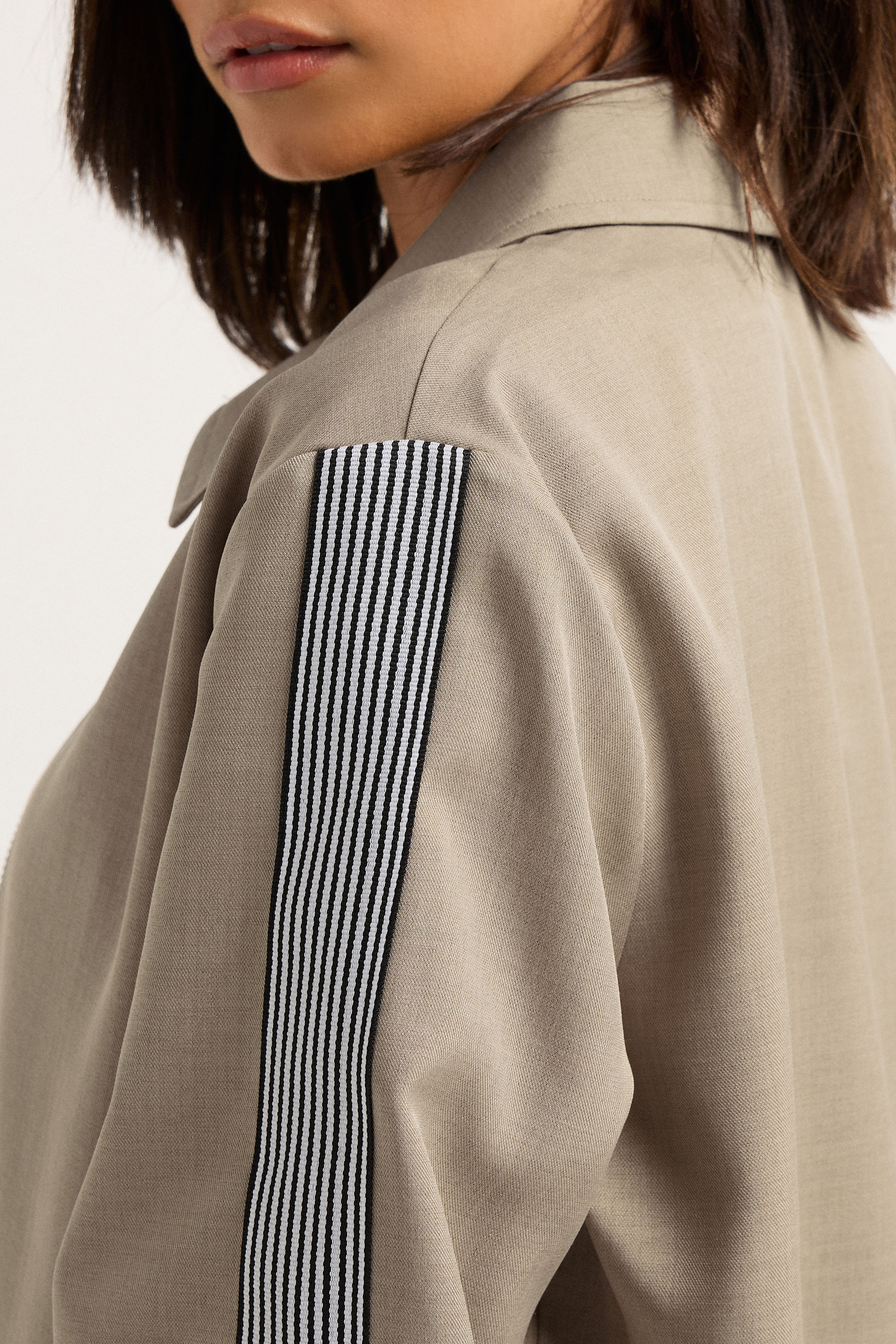 PixieGirl Petite Women's Beige Brown Striped Collar Bomber Jacket | PixieGirl 5