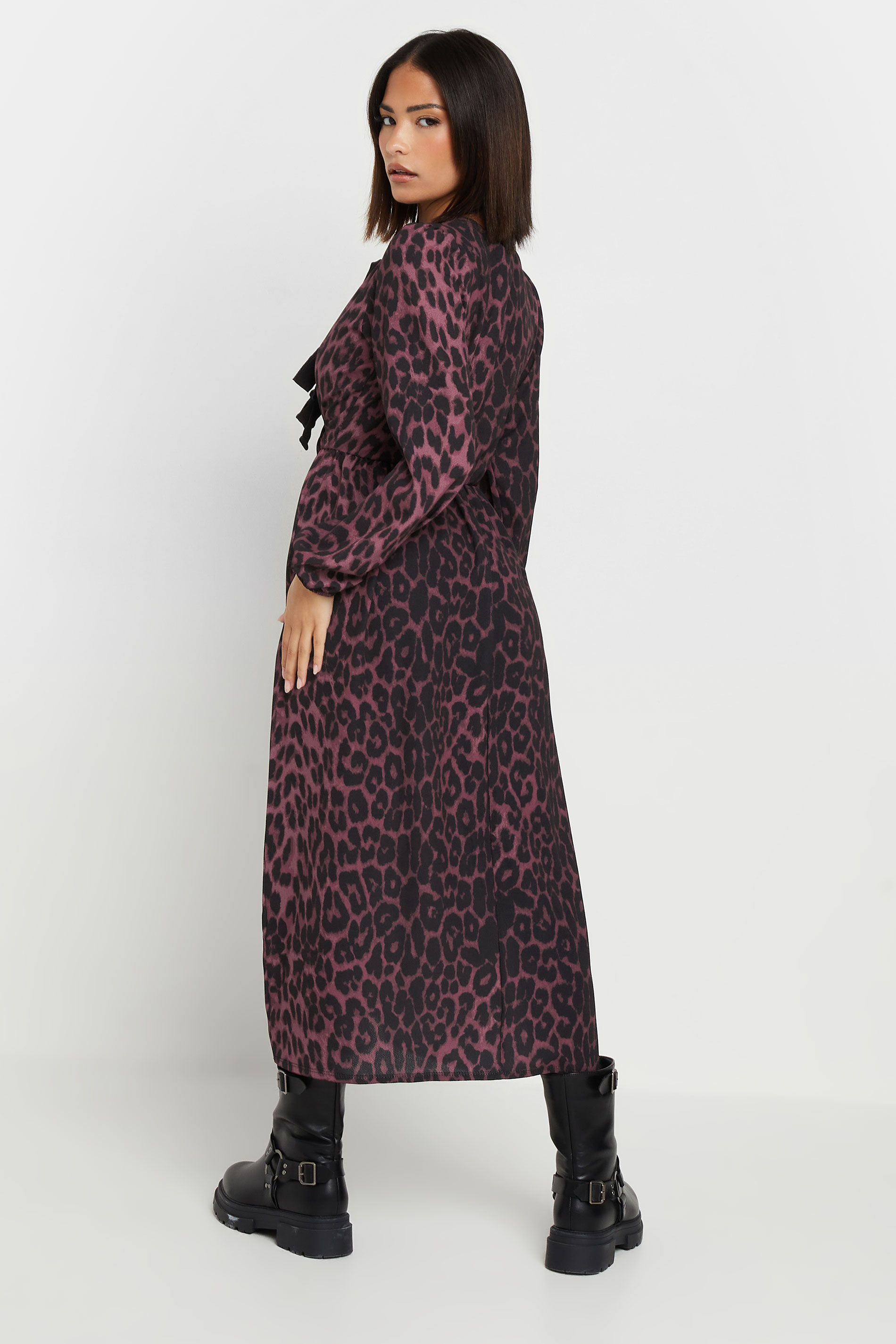 PixieGirl Petite Women's Burgundy Red Leopard Print Tie Bow Dress | PixieGirl 4