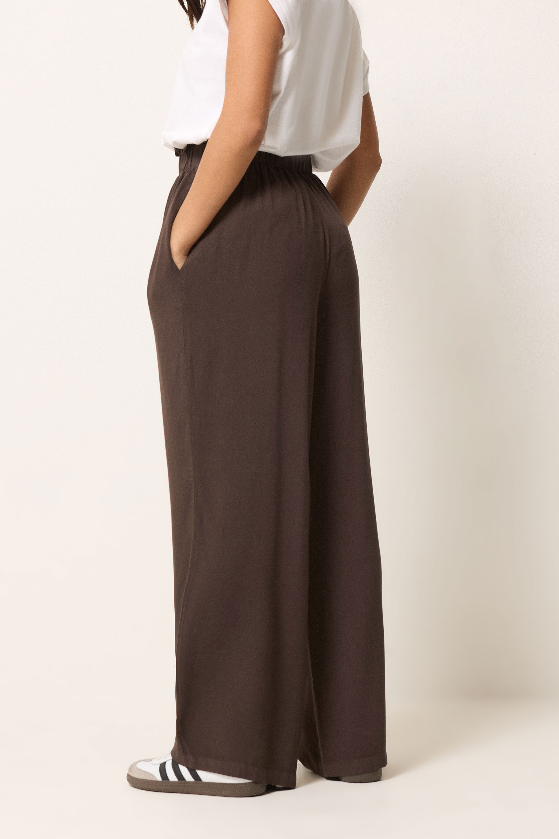 PixieGirl Petite Women's Chocolate Brown Elasticated Waist Wide Leg Trousers | PixieGirl 2