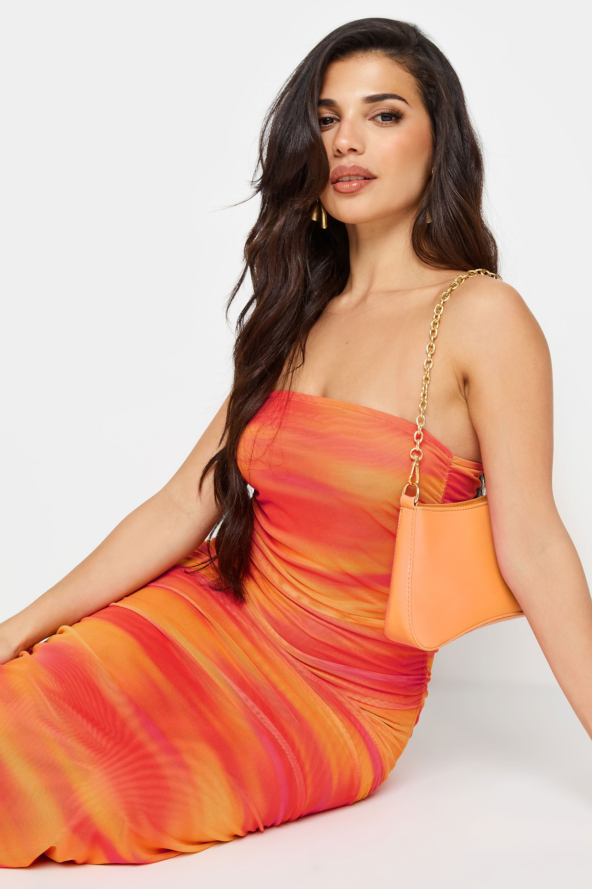 PixieGirl Petite Womens Orange Mesh Bardot Maxi Dress | PixieGirl 6
