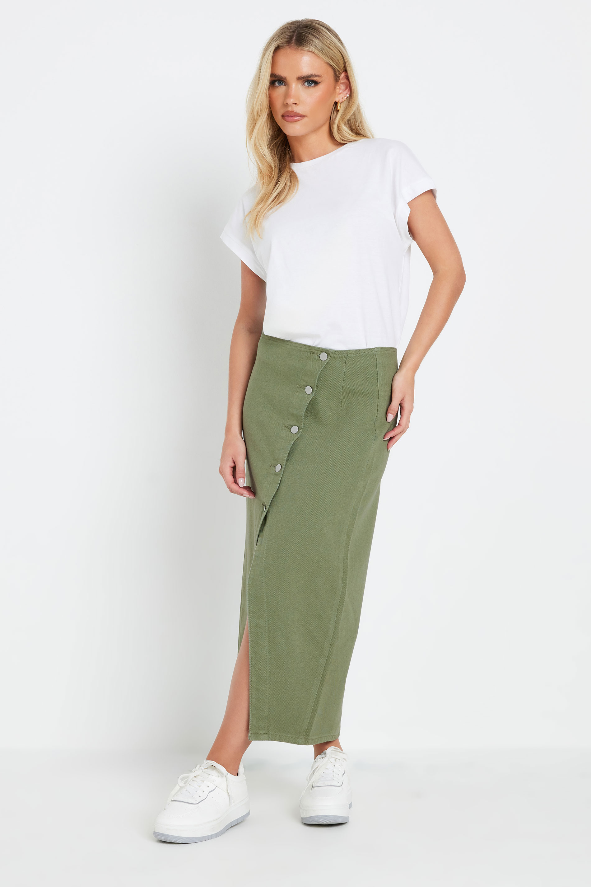 PixieGirl Petite Women's Khaki Green Denim Asymmetric Button Midi Skirt | PixieGirl 2