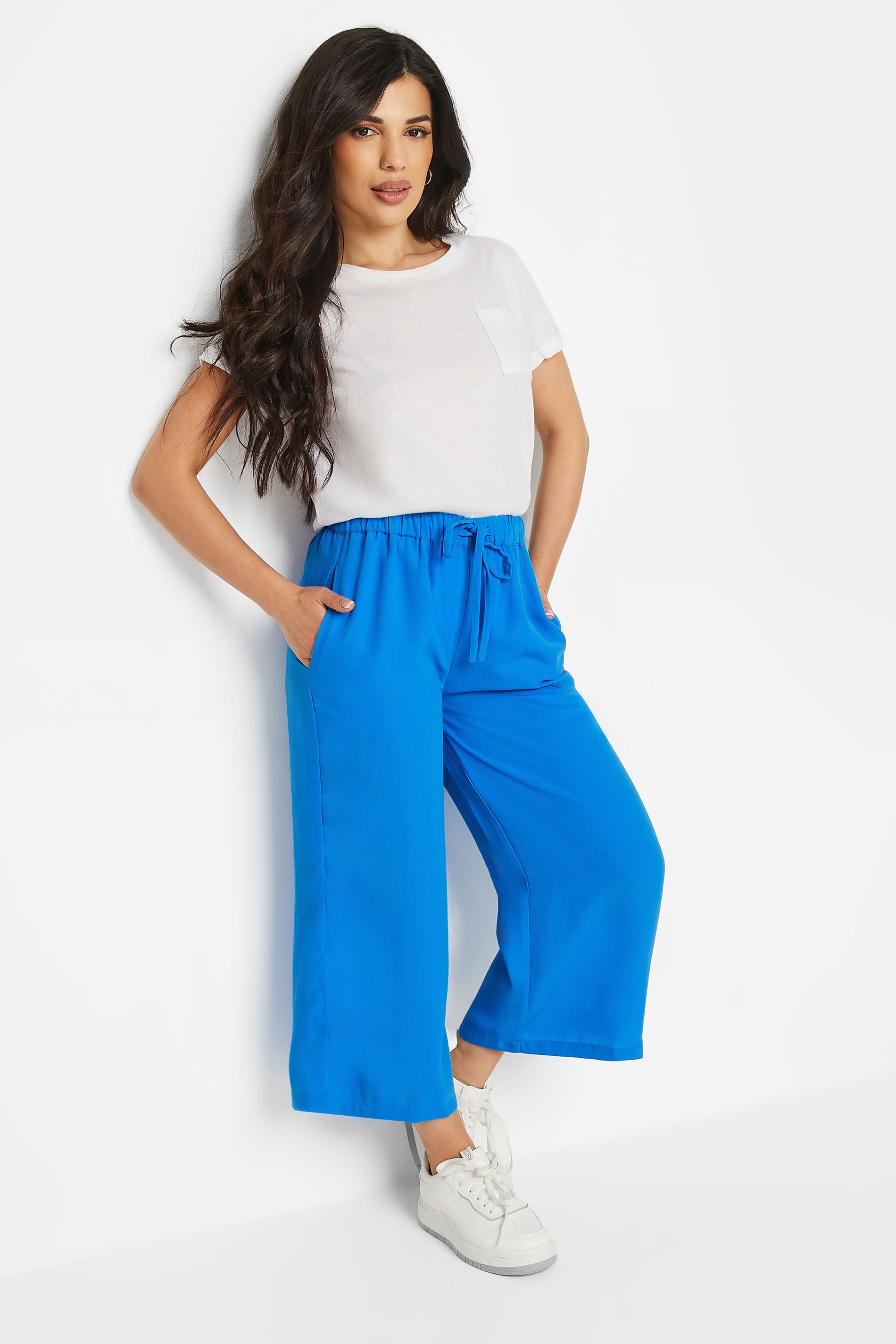 PixieGirl Petite Women's Blue Cropped Wide Leg Trousers | PixieGirl 1