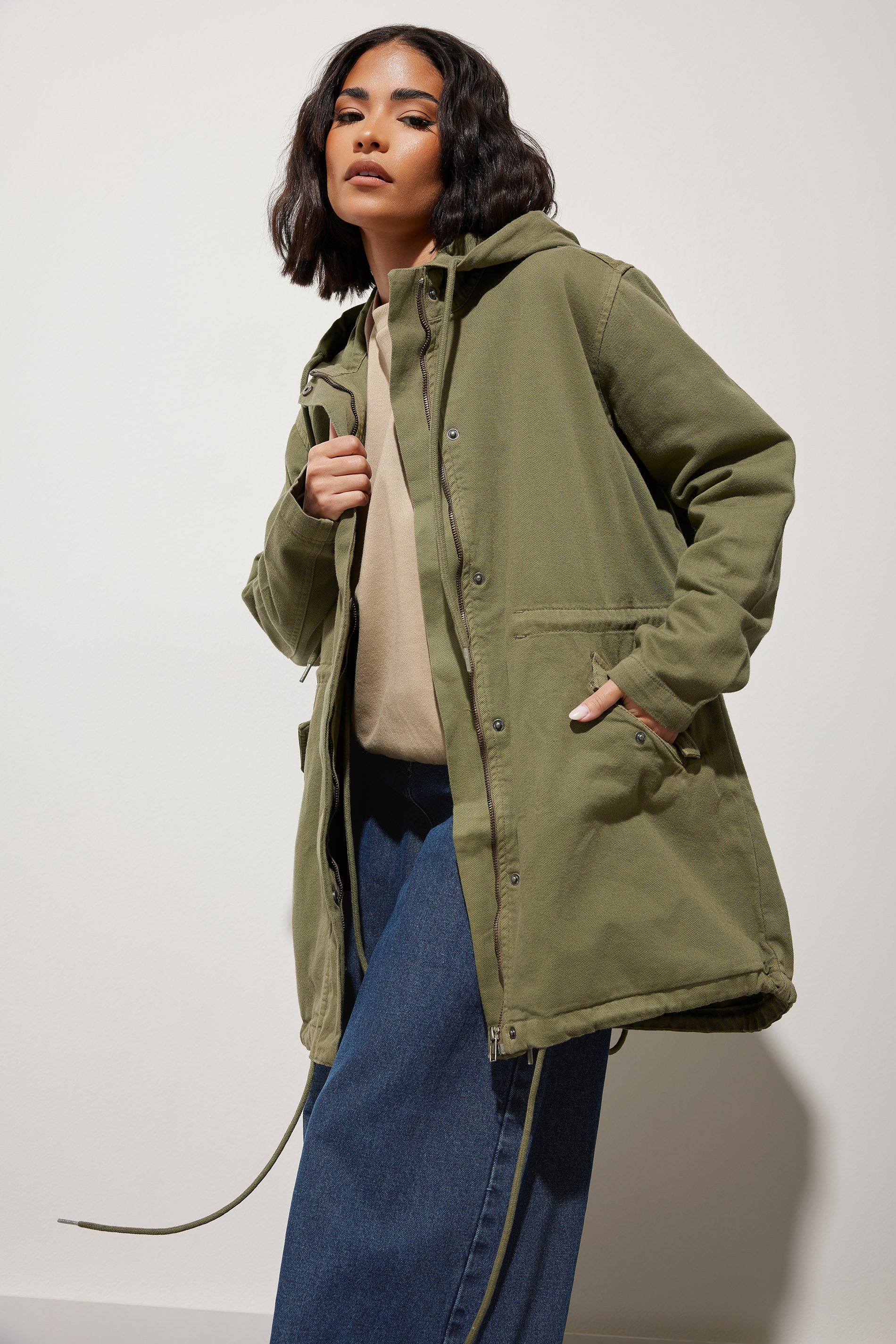 PixieGirl Petite Women's Khaki Green Twill Parka Coat | PixieGirl 1
