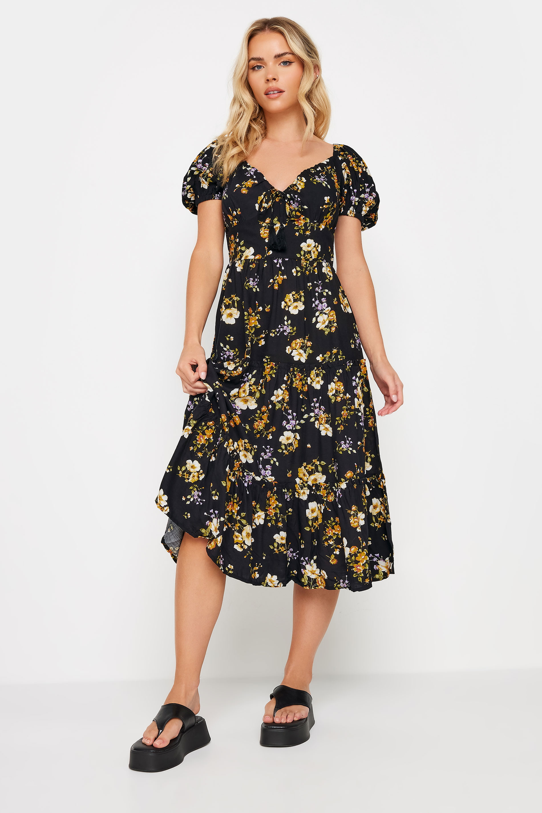 PixieGirl Petite Black Floral Print Milkmaid Midi Dress | PixieGirl 2
