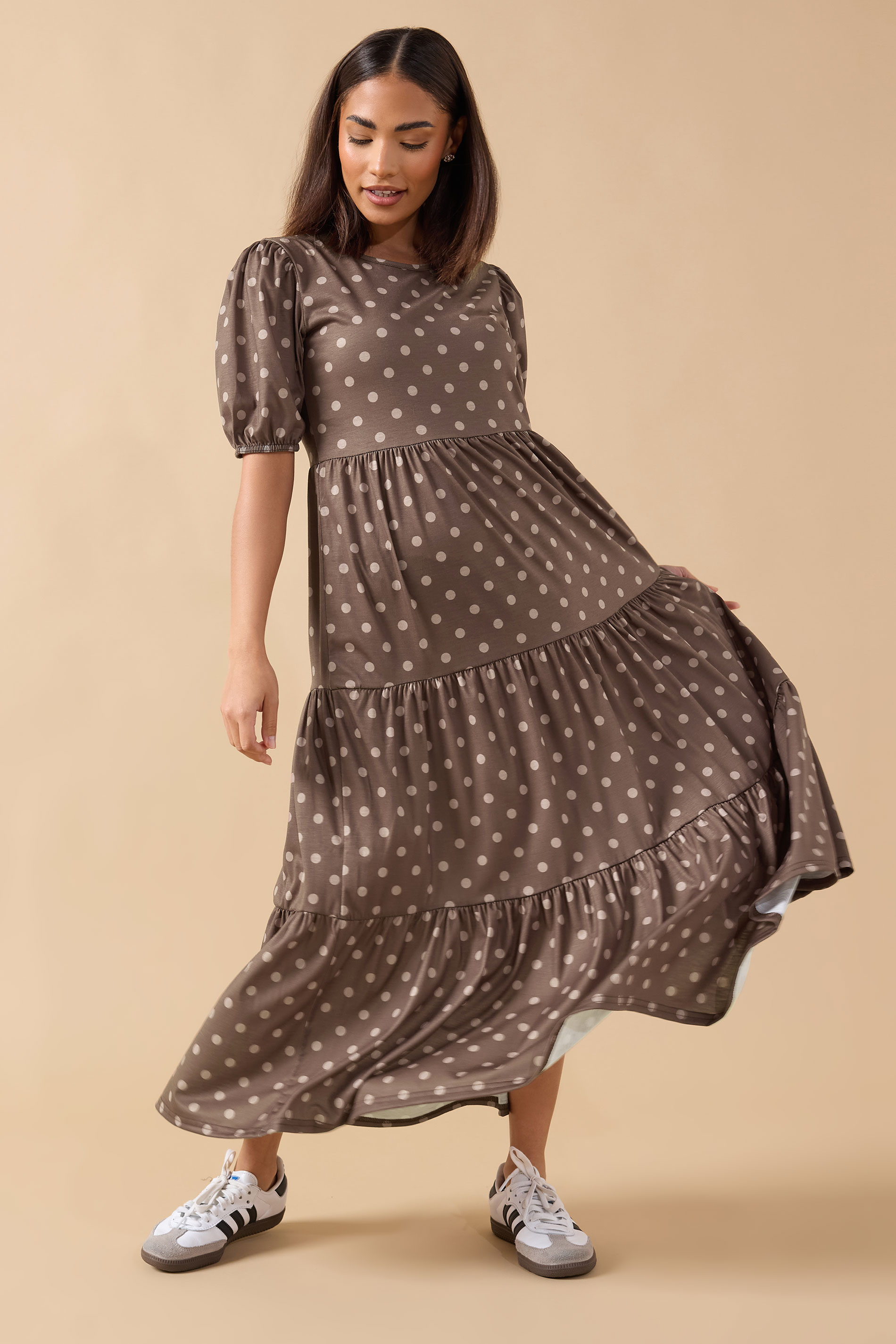 PixieGirl Petite Women's Chocolate Brown Spot Tiered Dress | PixieGirl 2