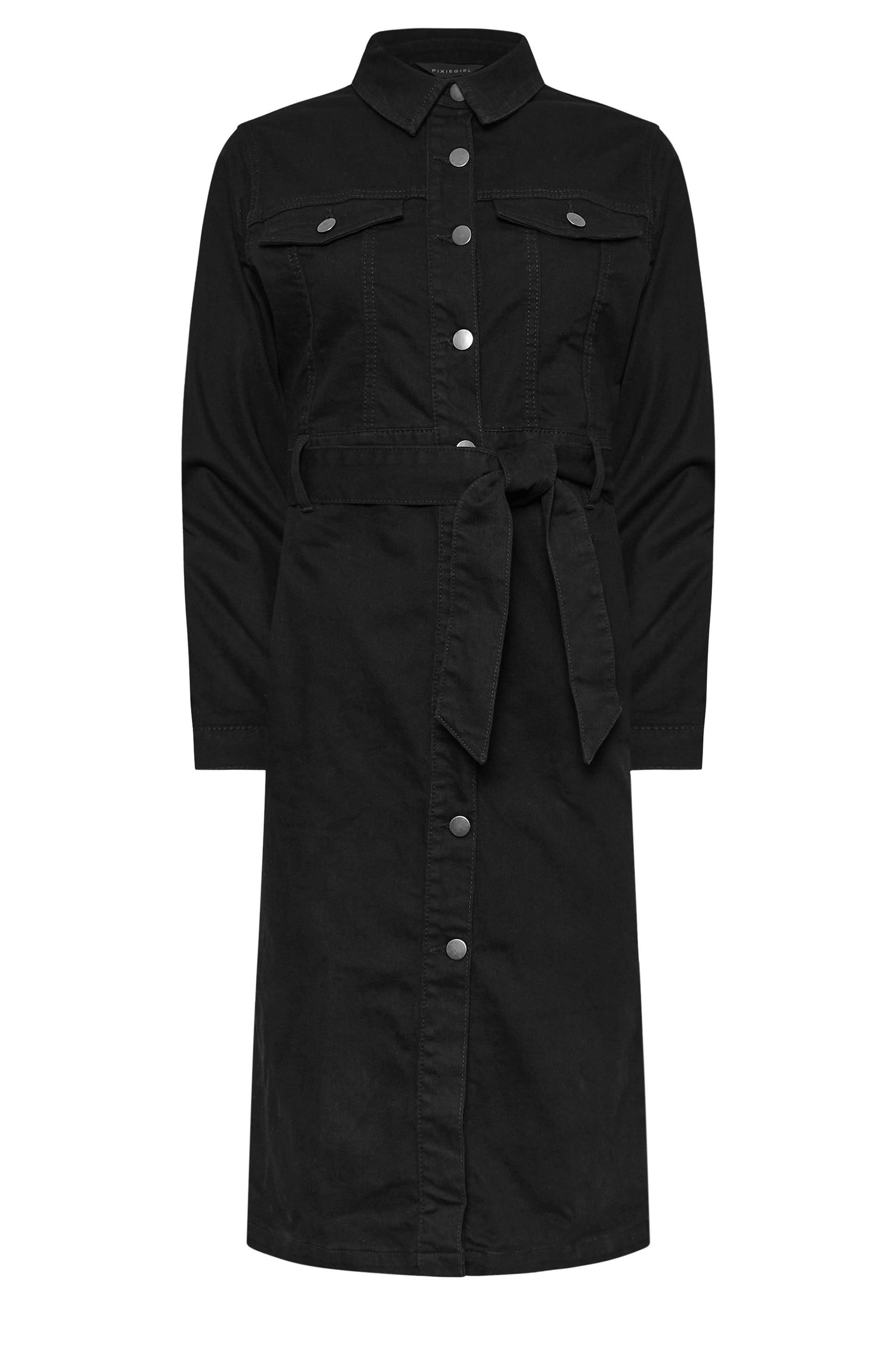 PixieGirl Petite Women's Black Denim Tie Waist Midi Dress | PixieGirl 5