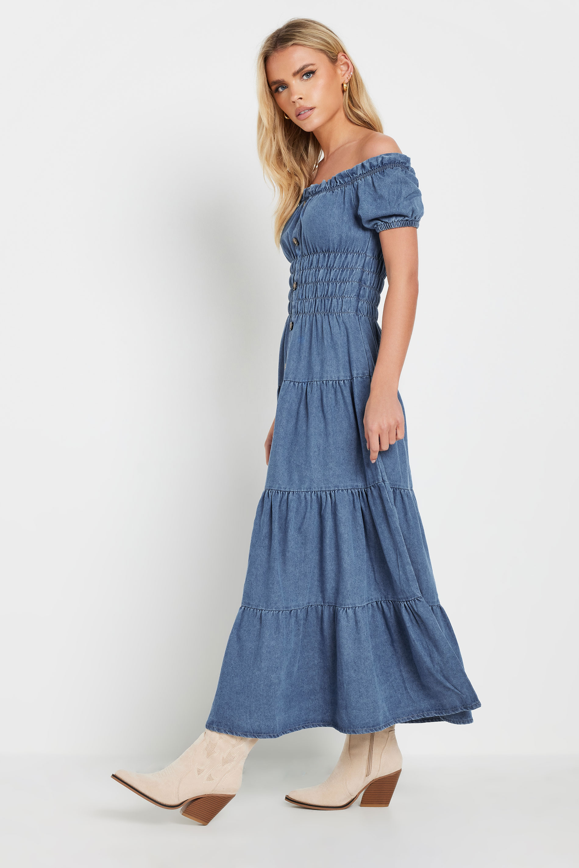 PixieGirl Petite Women's Blue Denim Tiered Bardot Maxi Dress | PixieGirl 5