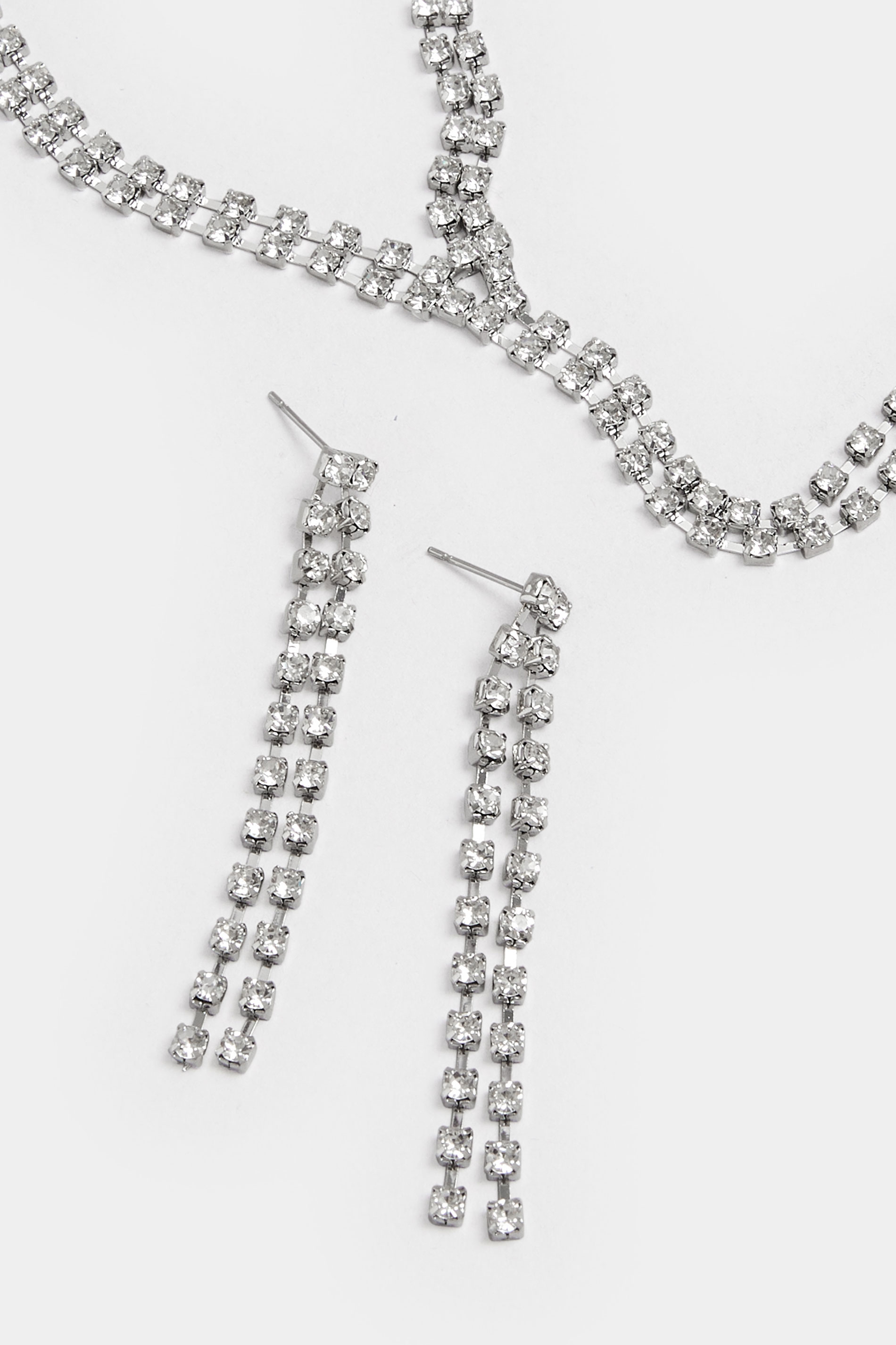Silver Tone Diamante Long Necklace & Earrings Set | Yours Clothing 3