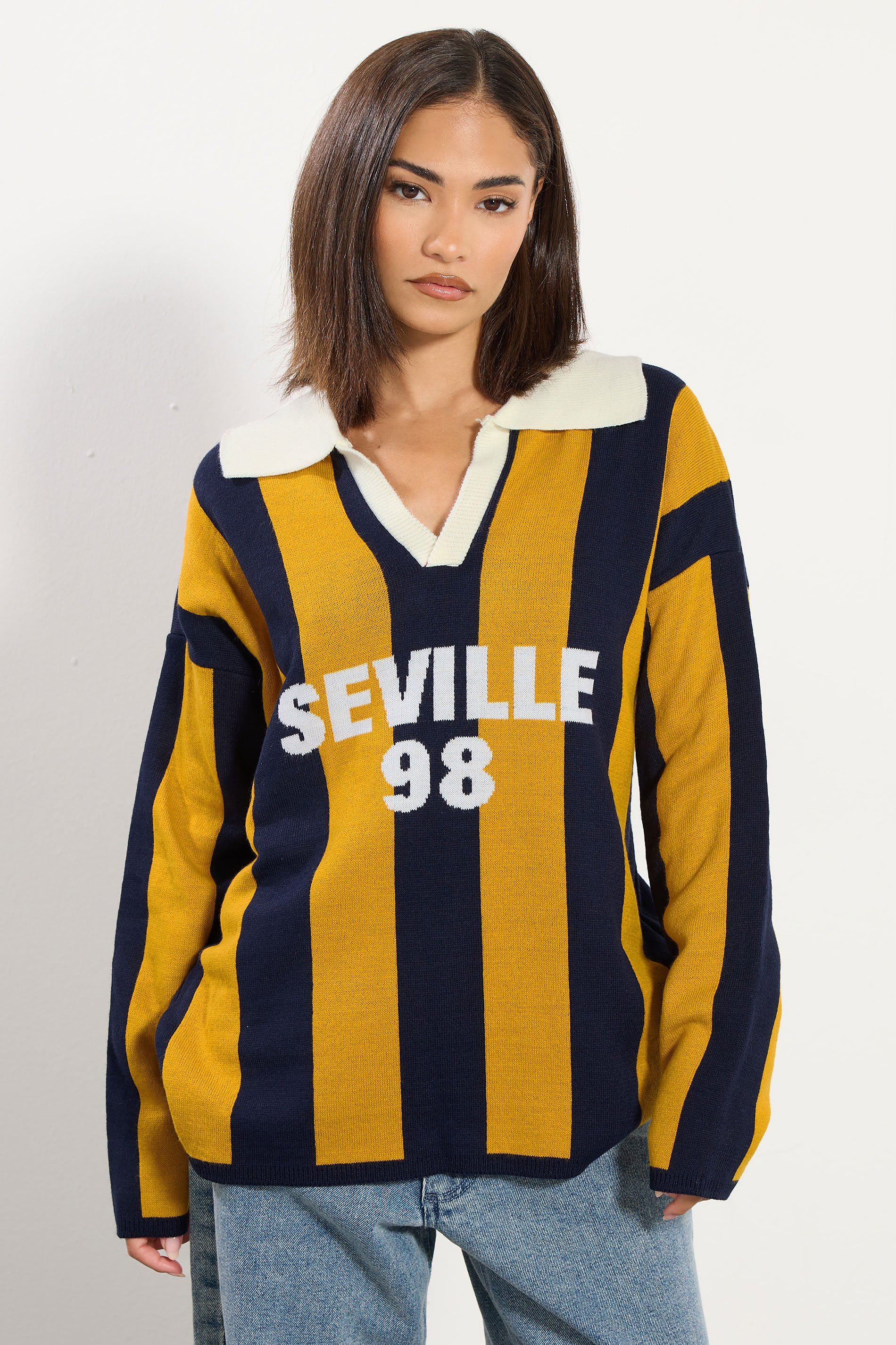 PixieGirl Petite Women's Blue 'Seville' Knitted Stripe Collar Jumper | PixieGirl 1