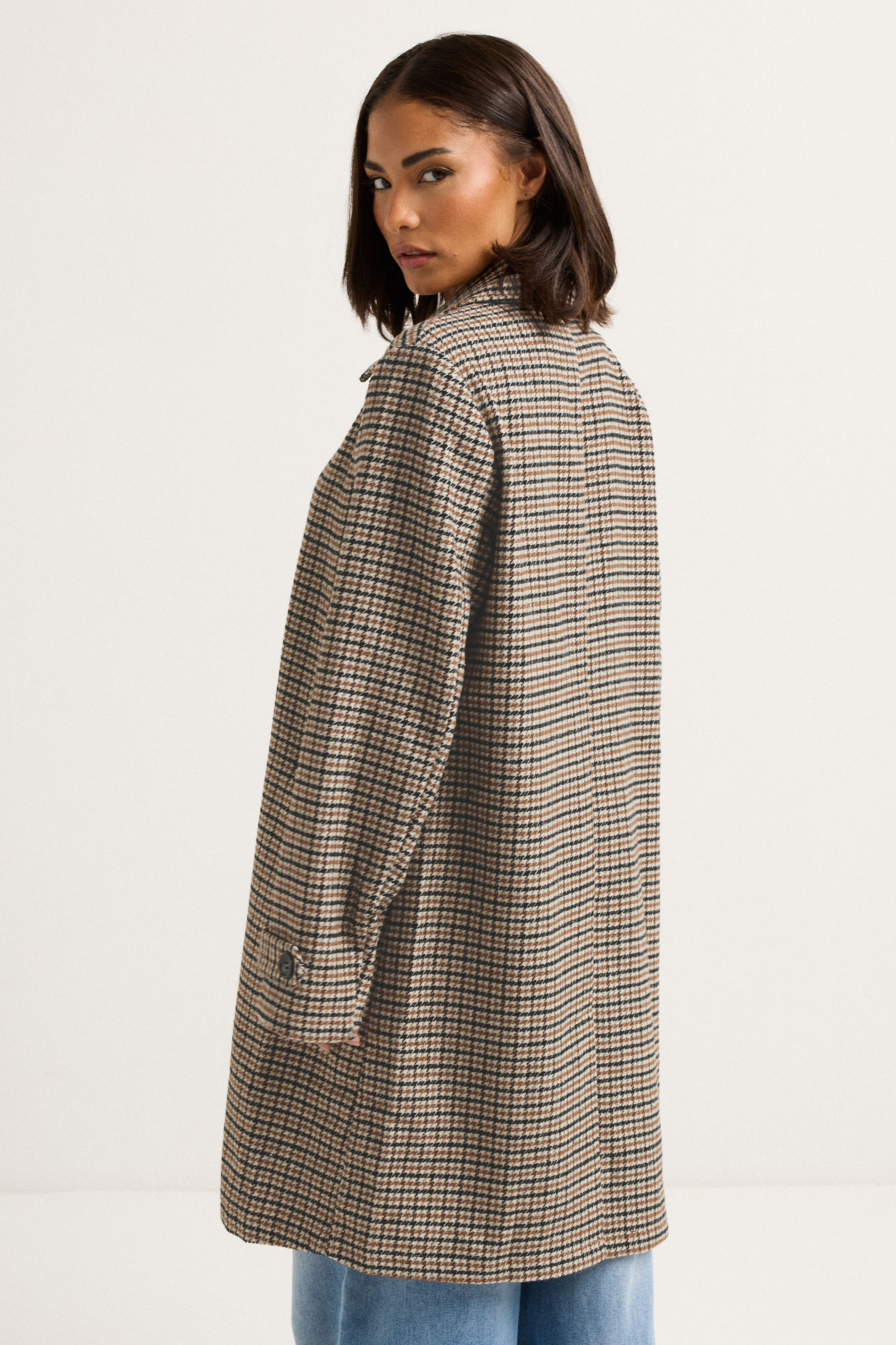 PixieGirl Petite Women's Beige Brown Check Midi Coat | PixieGirl 4