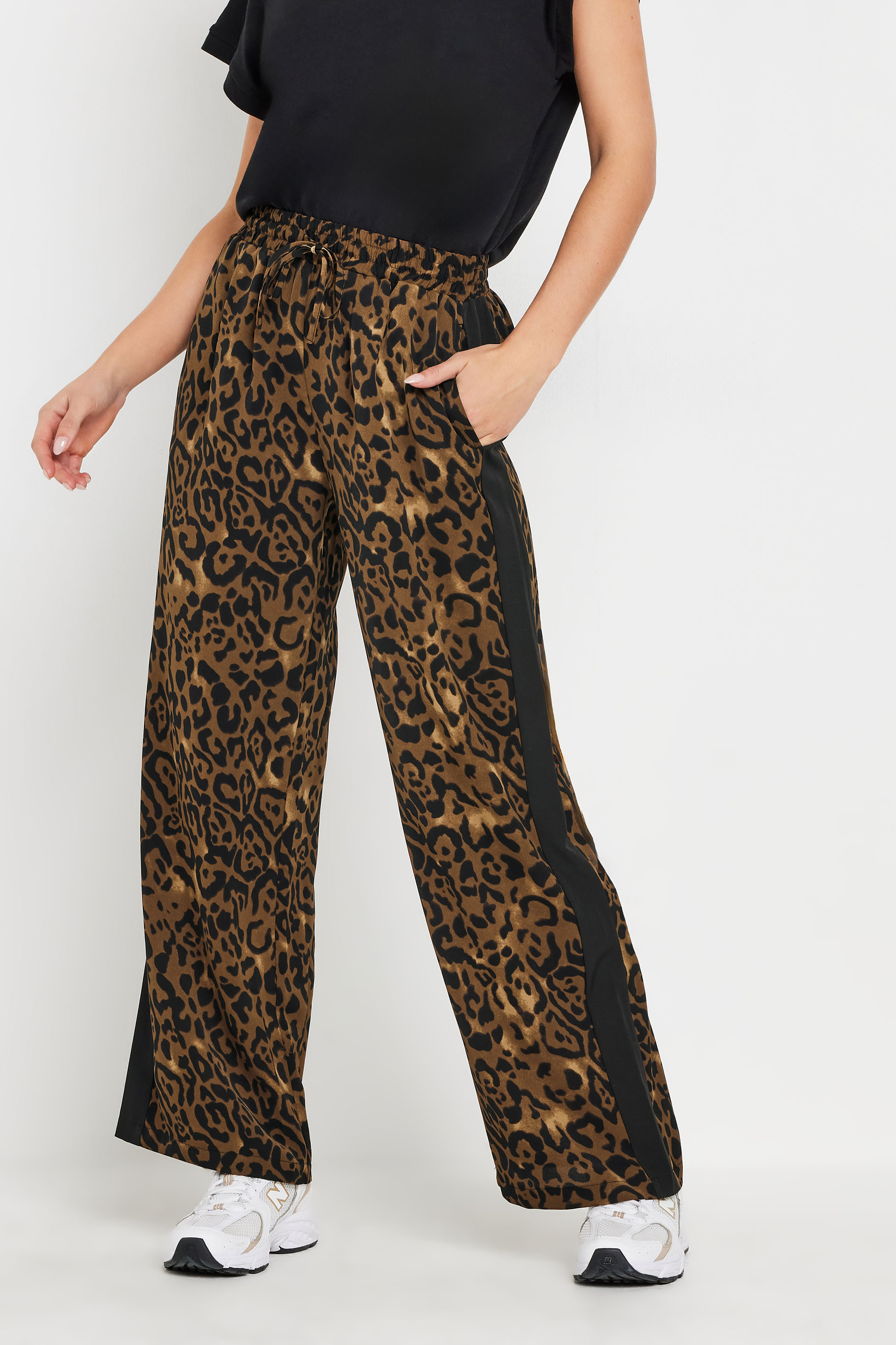 PixieGirl Petite Women's Brown Leopard Print Striped Wide Leg Trousers | PixieGirl 2